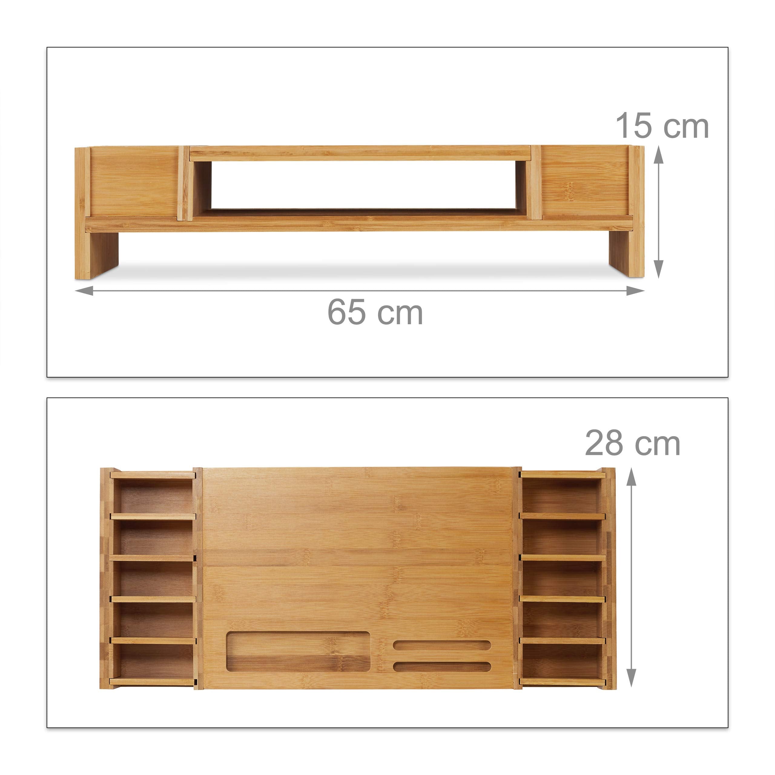 Relaxdays Monitorständer, Bildschirmständer aus Bambus, 14 Fächer, ergonomischer Monitorerhöher, HBT 15x65x28 cm, natur, Braun