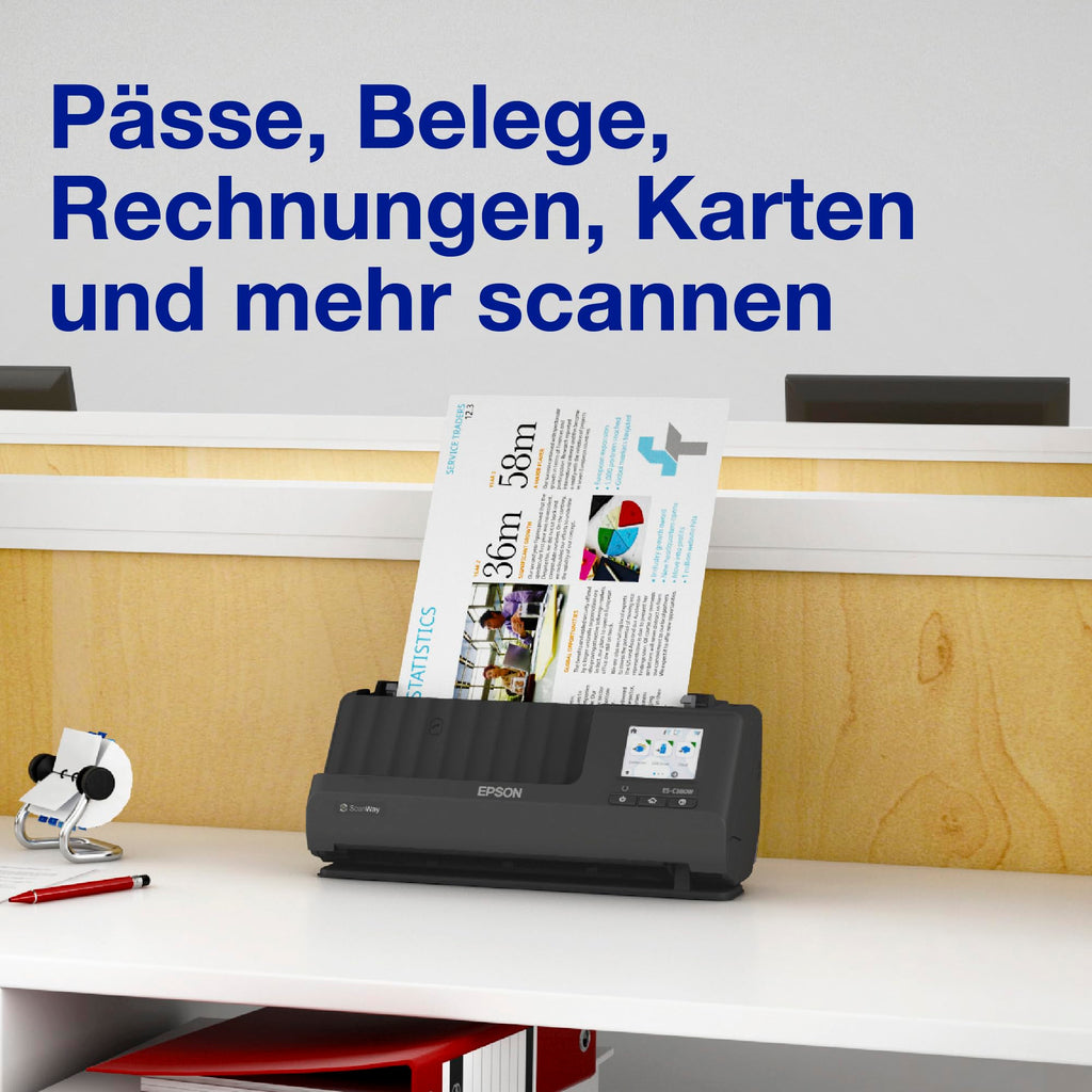 Epson Wi-Fi Scanner ES-C320W, kompakter A4 Business Scanner mit geringem Stromverbrauch, Duplex-Einzugscanner mit vielseitiger Medienverarbeitung, schwarz