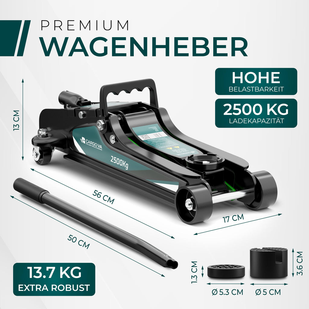 Wagenheber hydraulisch 2,5T – TÜV – 85-380mm Hub – flach für tiefergelegte Autos – Rangierwagenheber inkl. Gummiauflagen [Koffer]