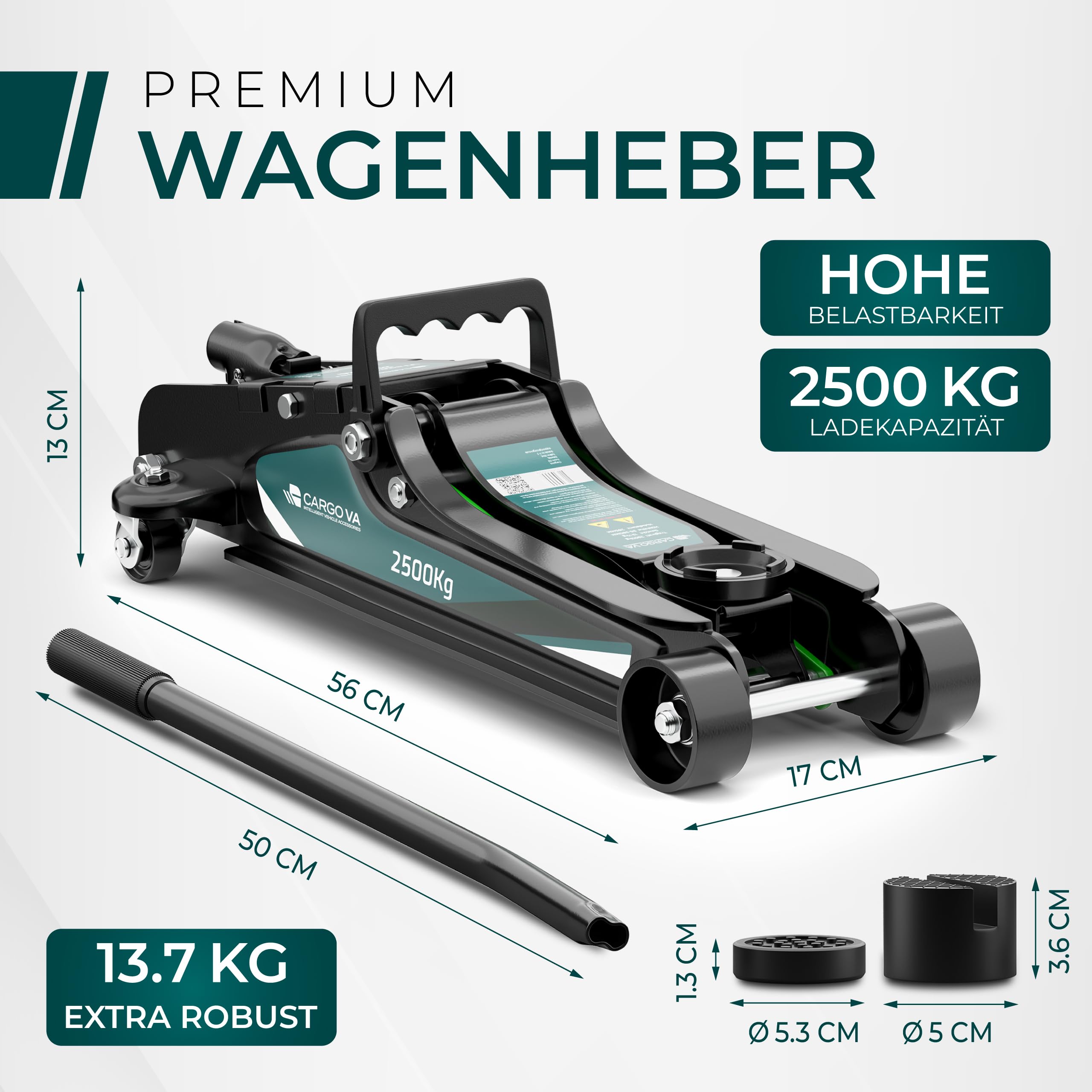 Wagenheber hydraulisch 2,5T – TÜV – 85-380mm Hub – flach für tiefergelegte Autos – Rangierwagenheber inkl. Gummiauflagen [Koffer]