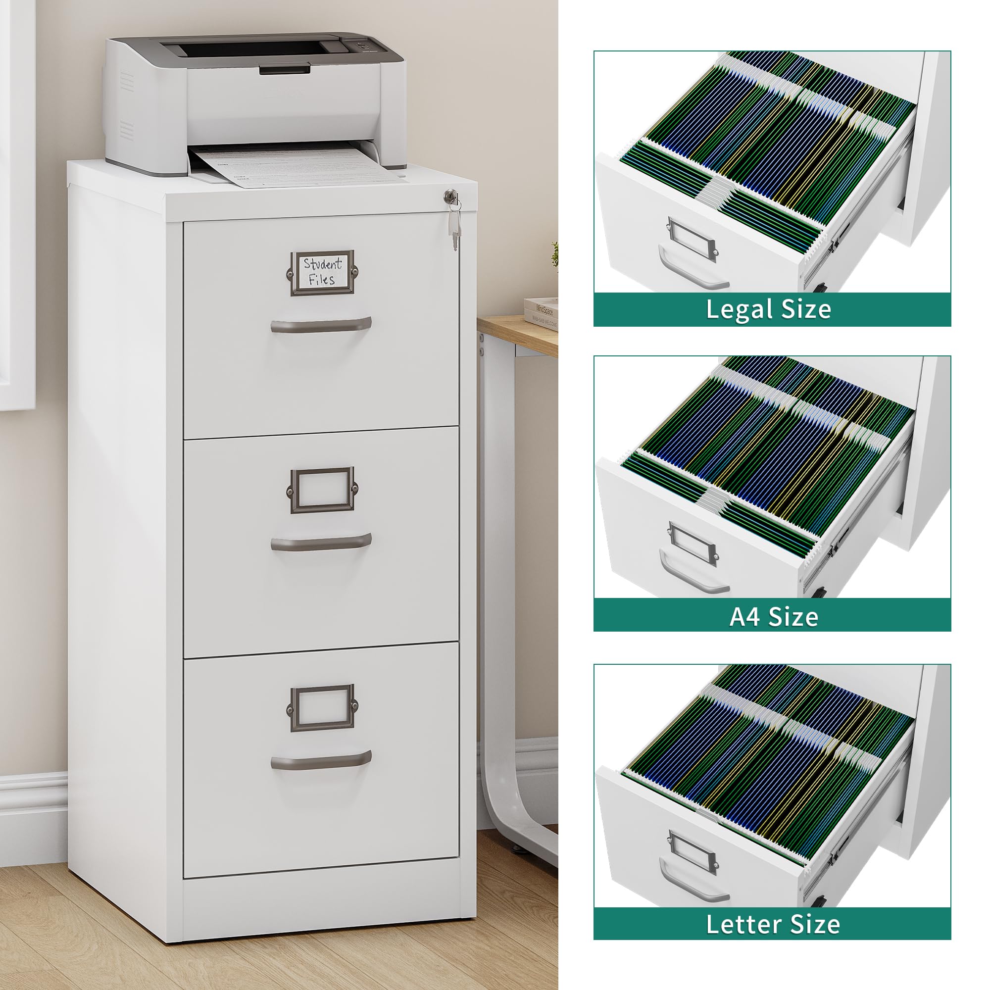 YITAHOME Aktenschrank Abschließbar, Metall Aktenschränke mit 3 Schubladen für A4, Legal, Letter, Anti-Kippen Büroschrank mit Cue-Kartenschlitz für Home-Office, Weiß, 45.8 x 45 x 103cm