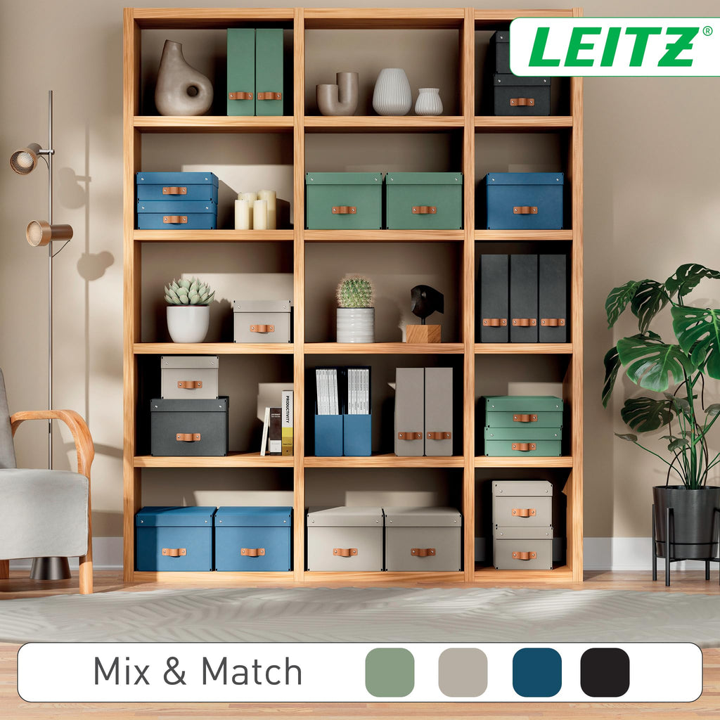 Leitz Puro Aufbewahrungsbox mit Deckel, Medium, 2er-Set, Box 17 L, stapelbar, Organizer-Box für Regale und Schränke, FSC-Karton, für Büro und Home Office, 26 x 35 x 20 cm, Schwarz, 61490095