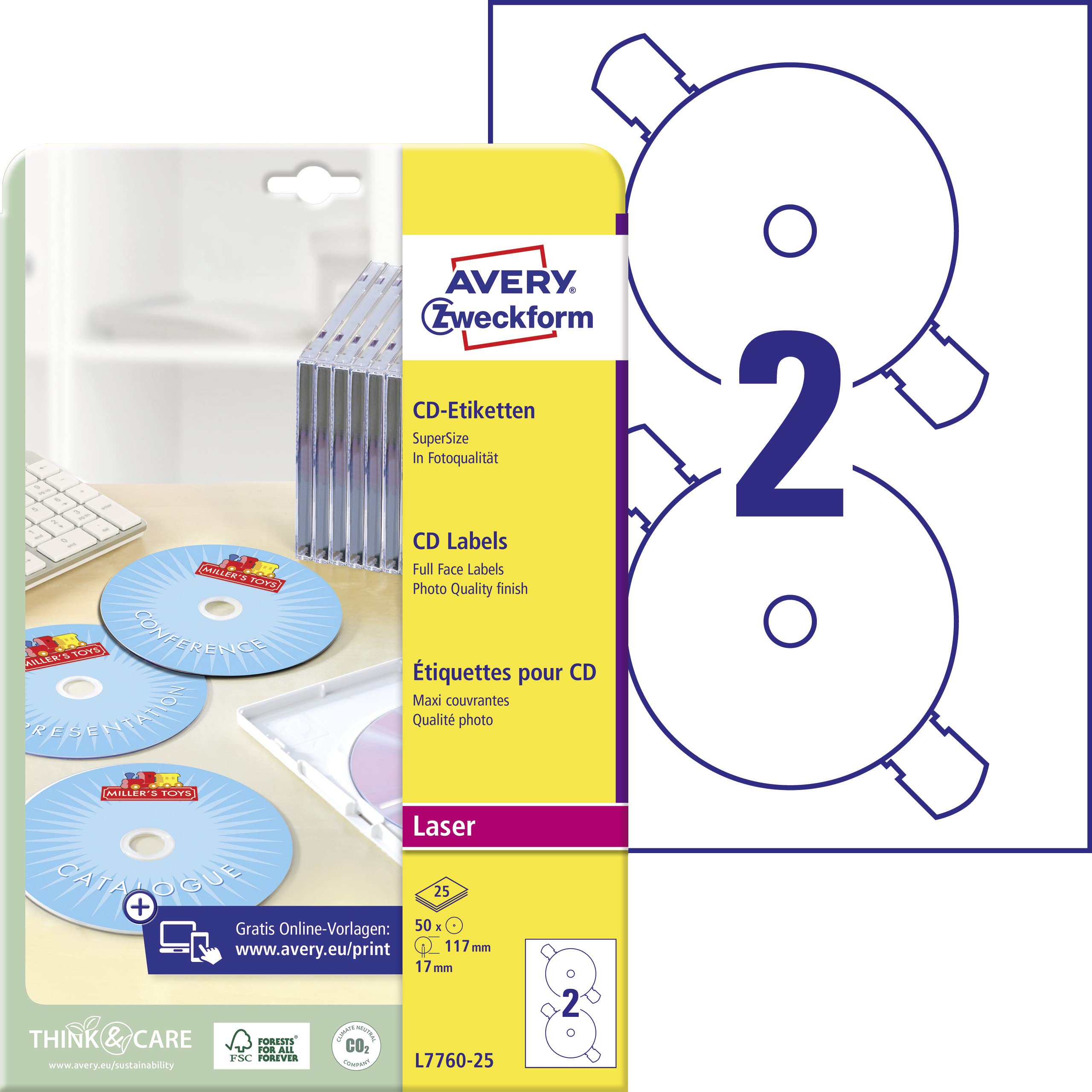 AVERY Zweckform L7760-25 selbstklebende CD-Etiketten (50 blickdichte CD-Aufkleber, Ø 117mm auf A4, SuperSize, Papier hochglänzend, bedruckbare Klebeetiketten für alle Laser-Drucker) 25 Blatt, weiß