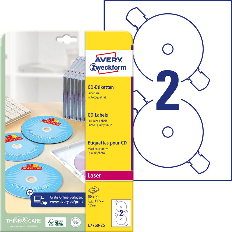 AVERY Zweckform L7760-25 selbstklebende CD-Etiketten (50 blickdichte CD-Aufkleber, Ø 117mm auf A4, SuperSize, Papier hochglänzend, bedruckbare Klebeetiketten für alle Laser-Drucker) 25 Blatt, weiß