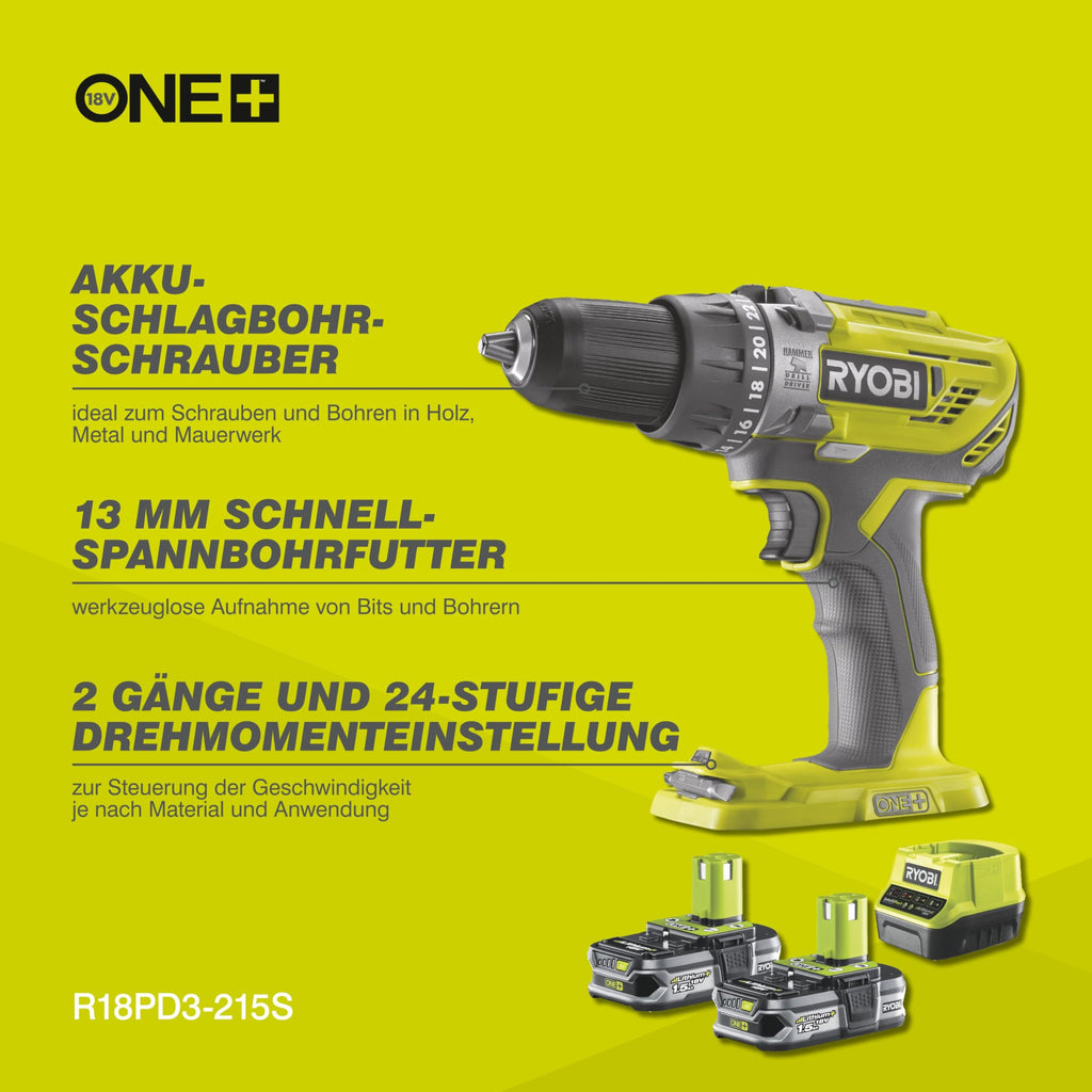 RYOBI 18 V ONE+ 2-Gang Akku-Schlagbohrschrauber R18PD3-215S, 13mm Bohrfutter, 24 Drehmoment Einstellungen, inkl. 4,0 Ah und 2,0 Ah Akku & Ladegerät