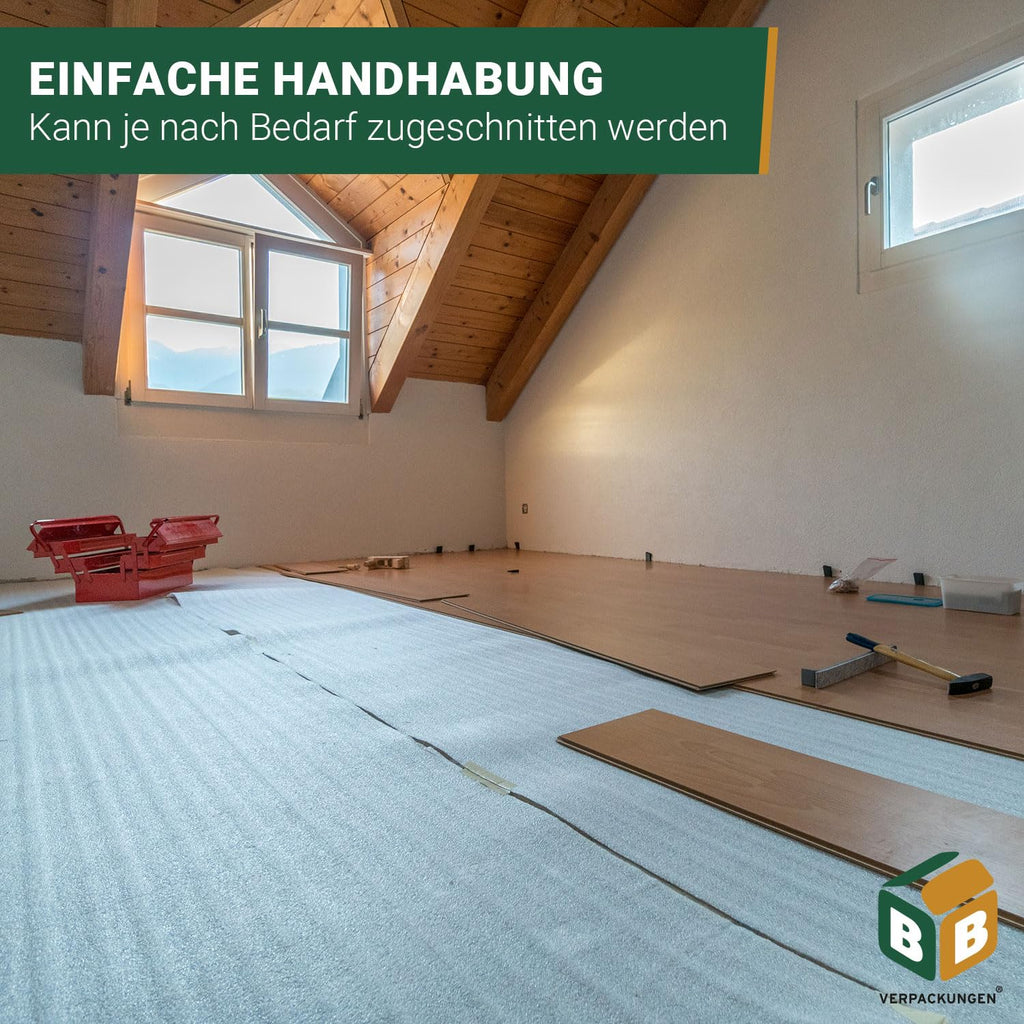 BB-Verpackungen 100 m² Trittschalldämmung 1,0 x 100 m (3 mm stark, sehr gute Schall- und Wärmedämmung) - Sets zwischen 25 m² und 500 m²