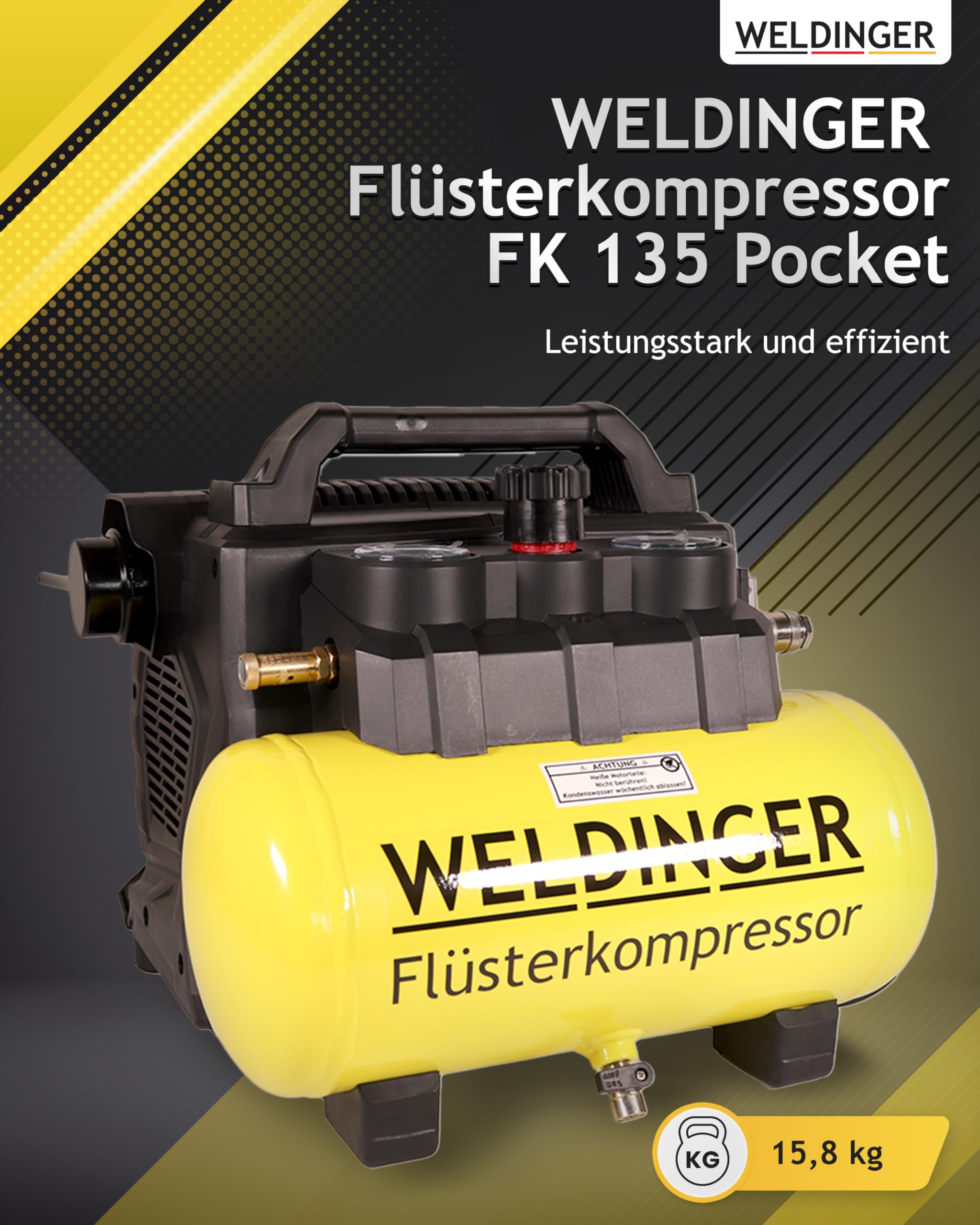WELDINGER Flüster Kompressor FK 135 pocket ölfrei 1100 W Luftabgabe 135 l Tankvolumen 6 l Druckregler 5 Jahre Garantie