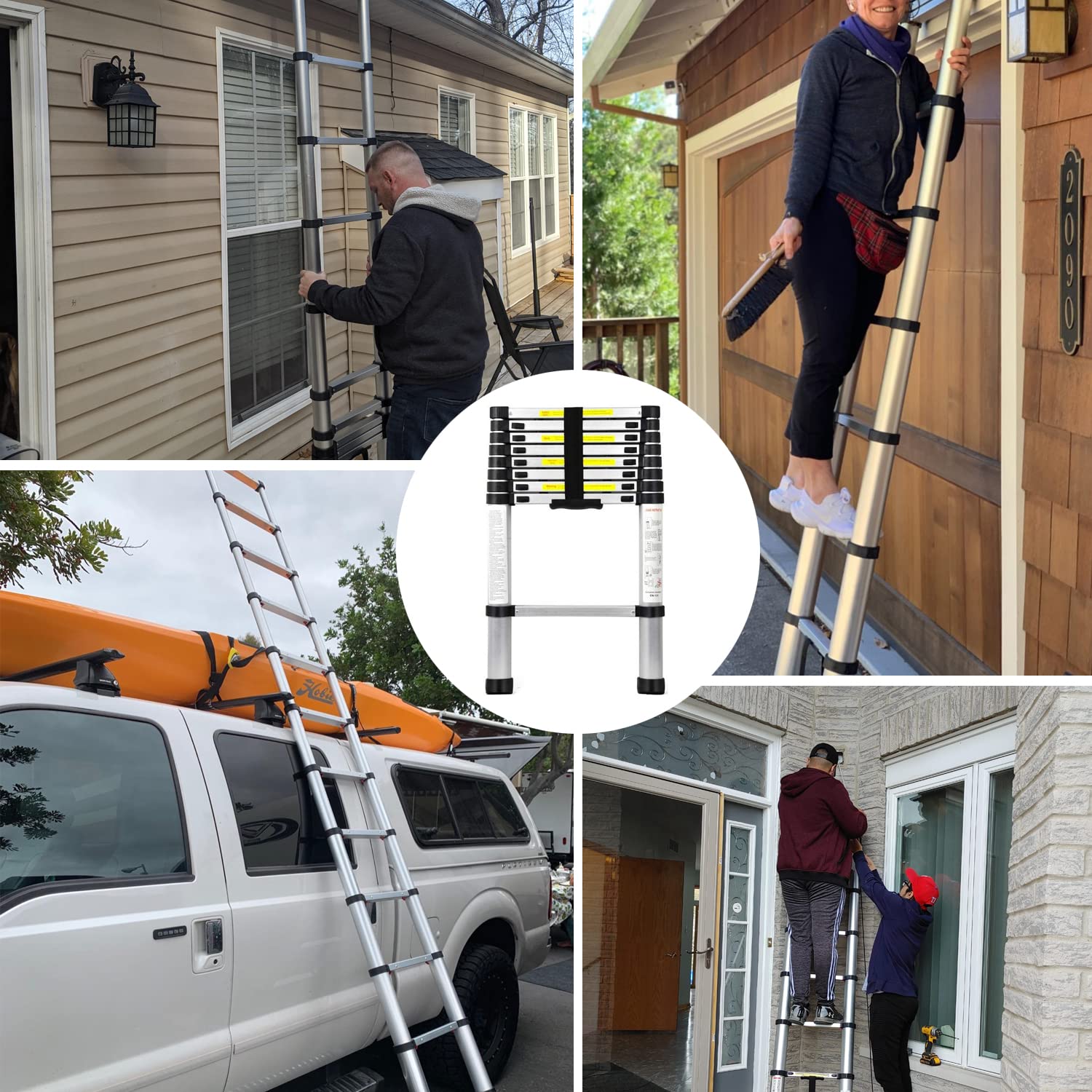 3,2M Teleskopleiter, Mehrzweckleiter Aluminium, 150 kg/330 Pfund Belastbarkeit, Ausziehbar Aluleiter, Ausziehleiter für Dachboden/Kletterdach/Büronutzung/Baujob