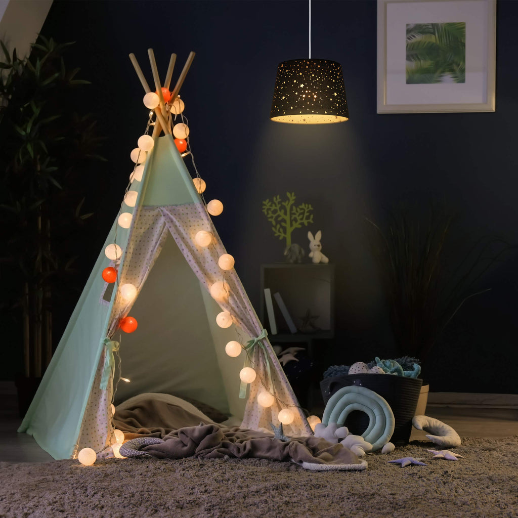 Relaxdays Kinderzimmerlampe Sterne, hängende Schirmlampe für Mädchen, Sternenhimmel Motiv, E27, runder Stoffschirm, rosa, 122 x 27 x 27 cm
