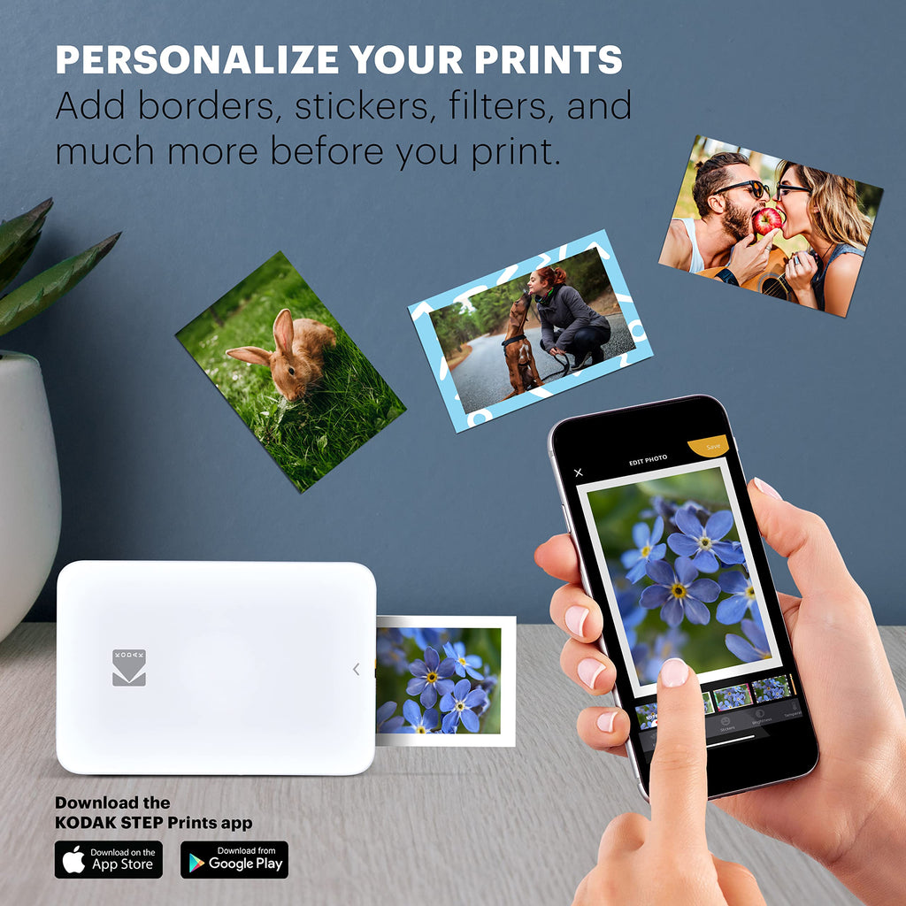 KODAK Step Slim Sofort-Smartphone-Fotodrucker - Tragbarer schlanker Farb-Mobilfotodrucker - Zink 2x3” Klebefotos - Drucken von iOS- & Android-Geräten via Bluetooth mit der Fun-App - Weiß