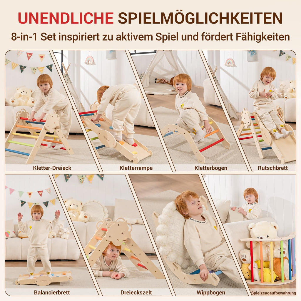 COSYLAND 8-in-1 Montessori Klettergerüst Indoor ab 1 Jahr – Kletterdreieck mit Rutsche, Kletterbogen & Kletterturm, Klassischer Regenbogen – Indoor Klettergerüst für Kinder, Baby Klettern Indoor