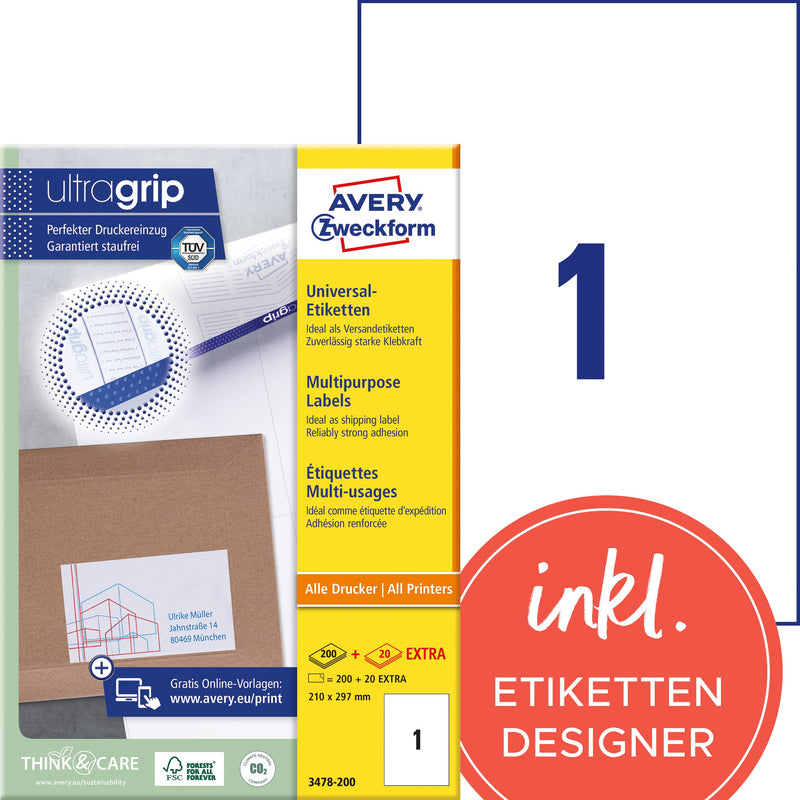 AVERY Zweckform 3478-200 Universal Etiketten (200 plus 20 Klebeetiketten extra, 210x297mm auf A4, bedruckbare Versandetiketten, selbstklebende Versandaufkleber mit ultragrip) 220 Blatt, weiß