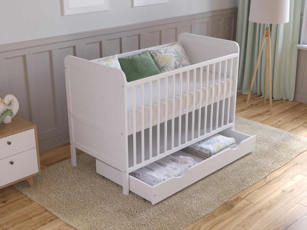Love For Sleep Babybett Beistellbett 120x60 cm mit Schublade & Matratze - Kinderbett Baby Bett Holz Weiß, Babybett Komplett Set - Kinderbett Babybett Mitwachsend Gitterbett