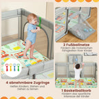 COSTWAY 188 x 157cm Laufstall Baby Faltbar, Laufgitter mit Matratze, Basketballkorb, Fußballnetzen, 50 Spielbällen, Krabbelgitter mit atmungsaktivem Netz, Tragetasche für Kleinkinder (Klein, Hellgrau)