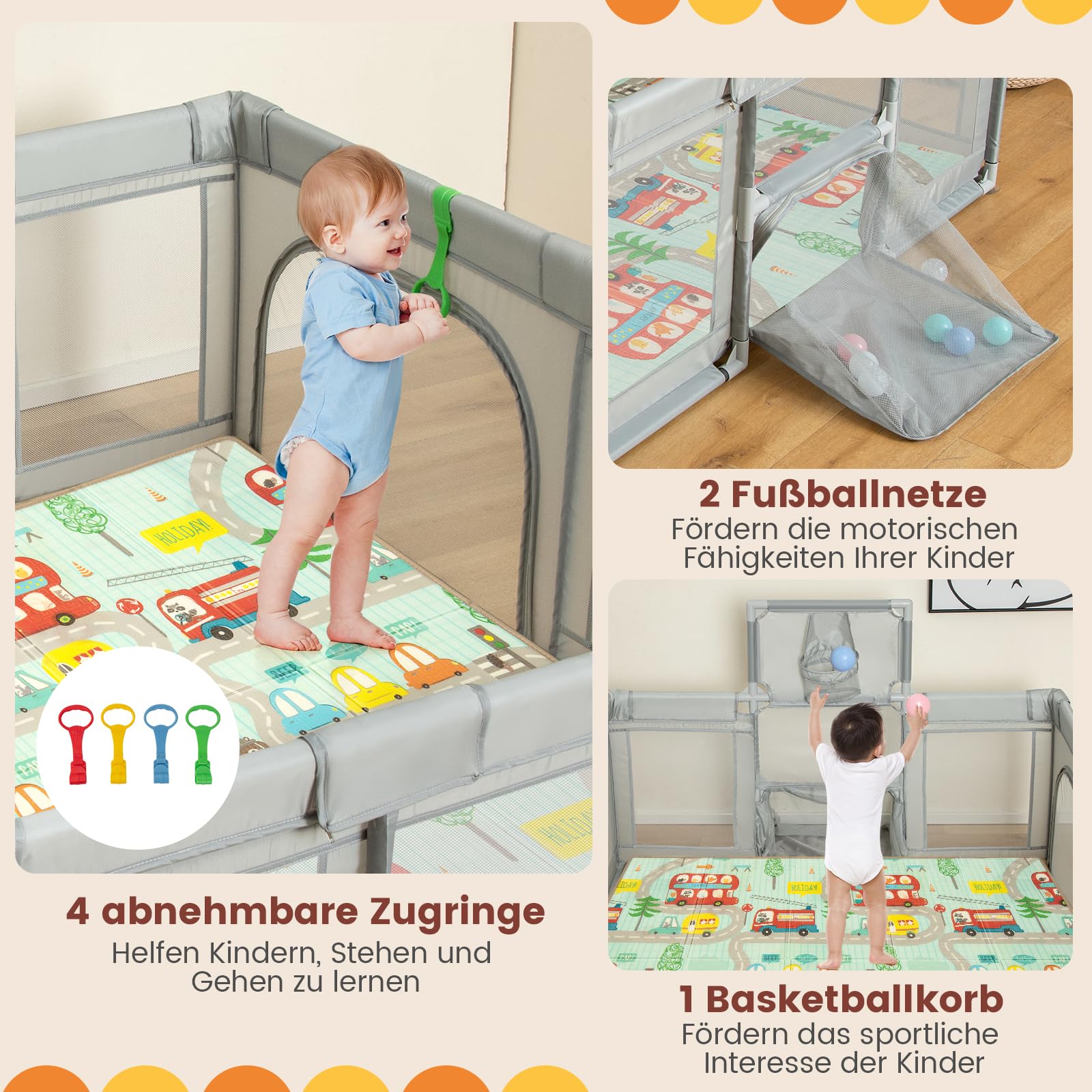 COSTWAY 188 x 157cm Laufstall Baby Faltbar, Laufgitter mit Matratze, Basketballkorb, Fußballnetzen, 50 Spielbällen, Krabbelgitter mit atmungsaktivem Netz, Tragetasche für Kleinkinder (Klein, Hellgrau)