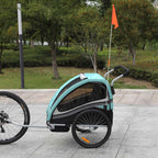SAMAX Fahrradanhänger Jogger 2in1 360° drehbar Kinderanhänger Kinderfahrradanhänger Transportwagen vollgefederte Hinterachse für 2 Kinder in Türkis - Black Edition