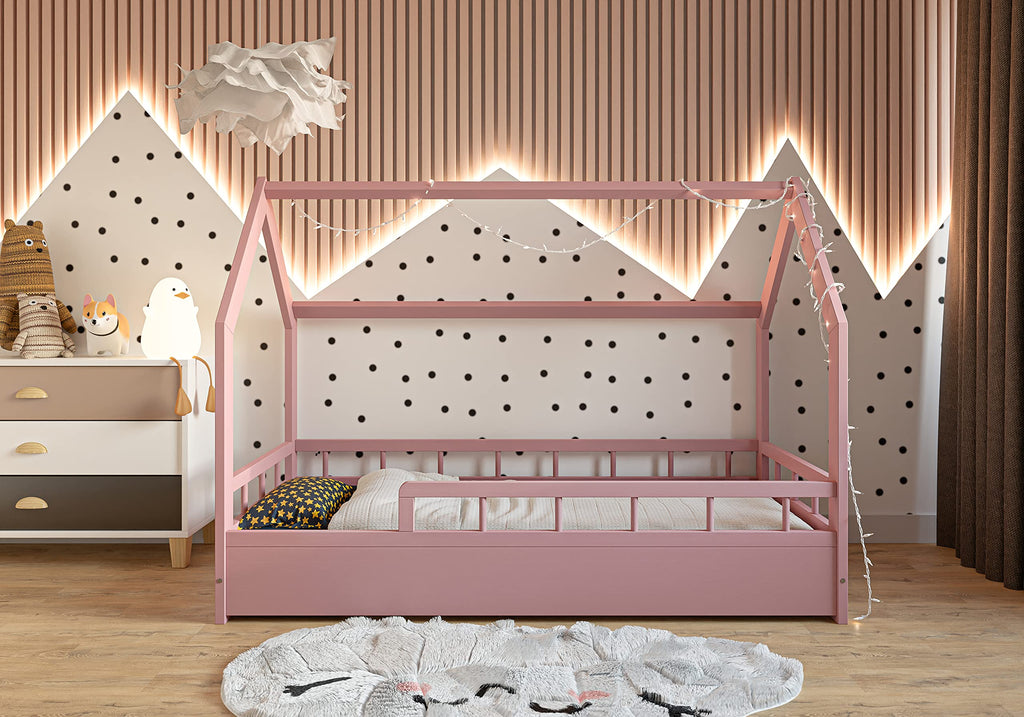 ms factory Hausbett mit Matratze Kinderbett 80x160 cm mit Rausfallschutz und Lattenrost - Einzelbett aus Kiefernholz für Mädchen und Junge - Rosa