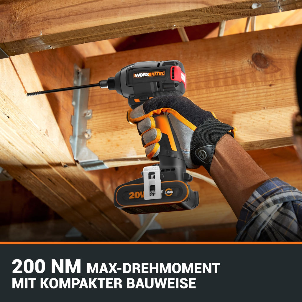 WORX Nitro Akku-Schlagschrauber 20V WX265.9 - leistungsstarker Brushless Motor - 3 Geschwindigkeitsstufe & 2 Modi - 200Nm Drehmoment - 3400 U/min - leicht & kompakt - ohne Akku & Ladegerät