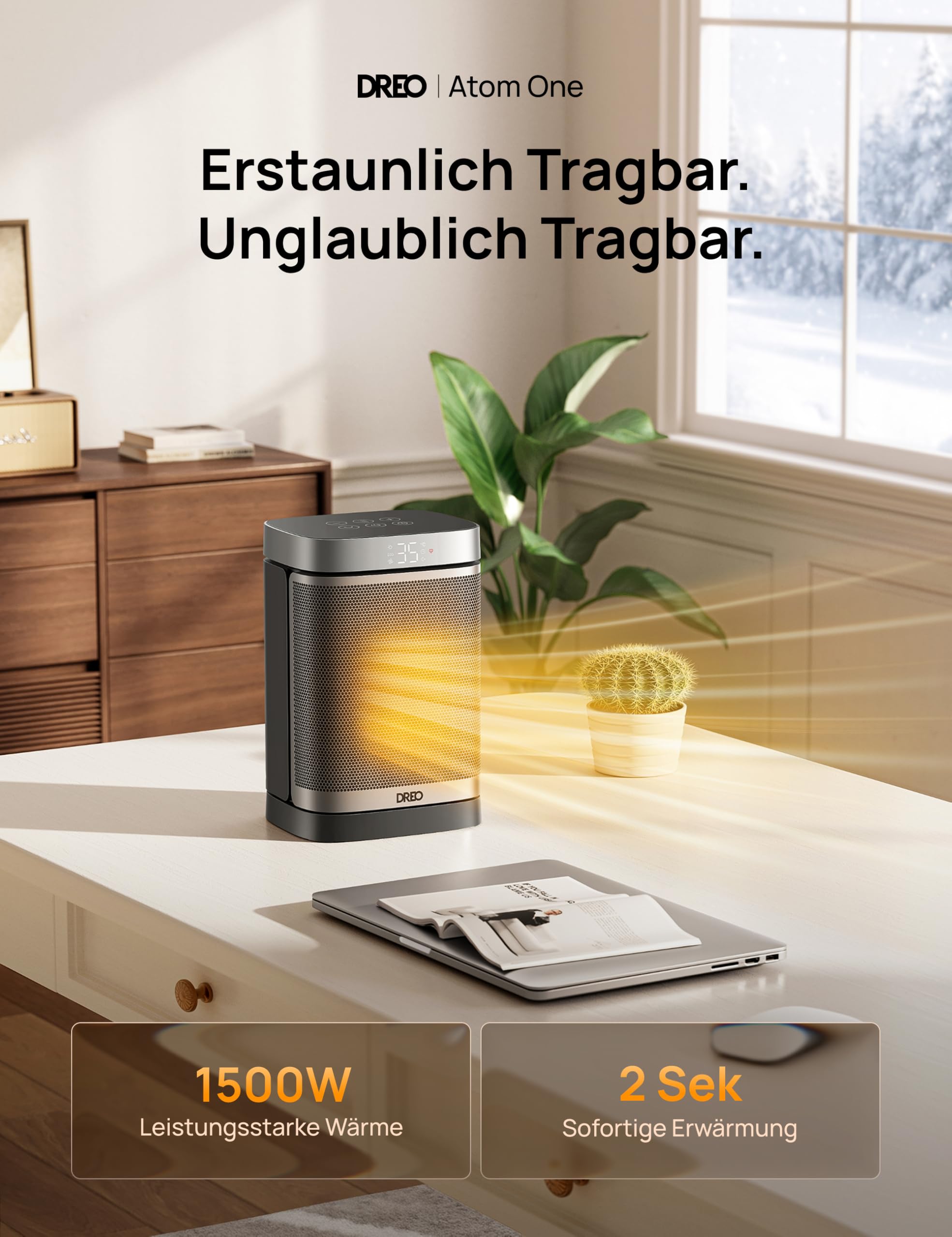 Dreo Heizlüfter Energiesparend Klein, 1500W Heizung Elektrisch mit Thermostat, 70° Oszillierend Elektroheizung, PTC Keramik Heizlüfter Leise, ECO-Modus, 12-Std-Timer, Überhitzungs- & Kippschutz