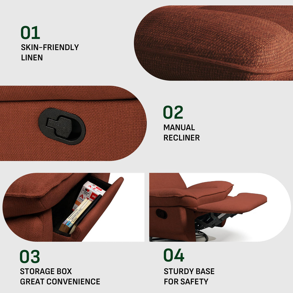 Softa Drehbarer Liegesessel, manueller Wippstuhl mit verstellbarer Beinstütze, Seitentaschen, gepolsterter Sitz und Rückenlehne, bequemes Liegesofa für Wohnzimmer, Orange