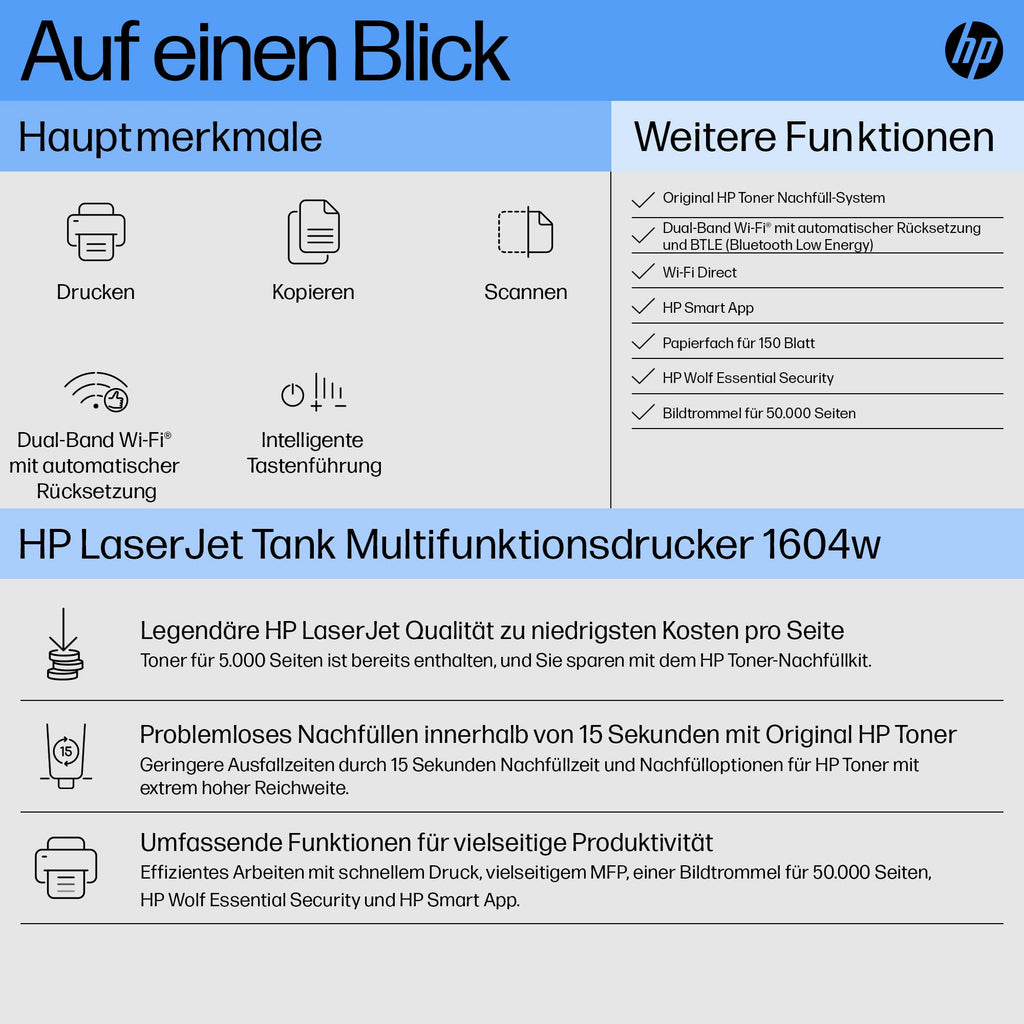 HP LaserJet Tank MFP 1604w Multifunktions-Laserdrucker (Drucker, Scanner, Kopierer) mit Dual-Band-Wi-Fi, BTLE, inklusive Original Toner für bis zu 5000 Seiten, 22 Seiten/Min, 600x600 DPI, weiß