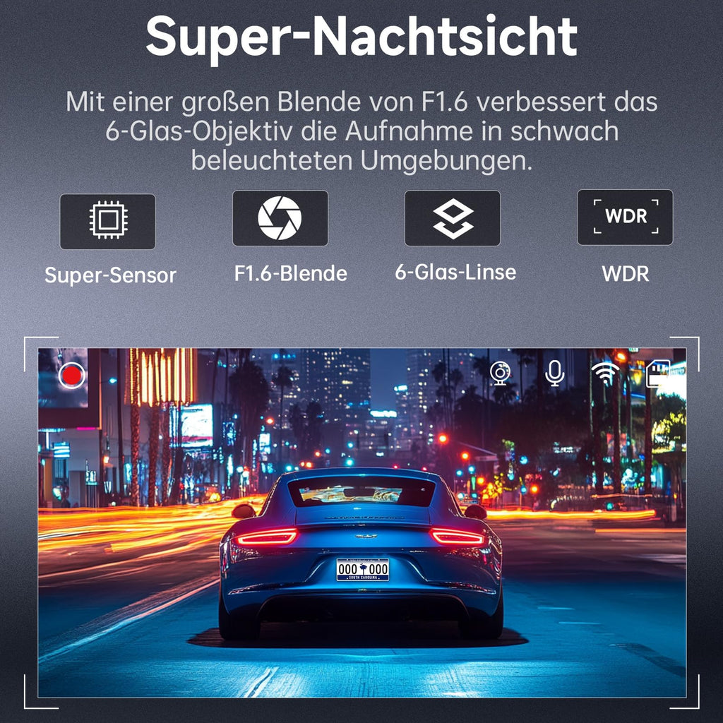 Dashcam Auto Vorne Hinten 2,5K + 1080P, Dash Cam mit WiFi, 32GB Karte, Dual-Autokamera mit 170 ° Weitwinkel, Super Nachtsicht, Auto Kamera mit Parküberwachung, G-Sensor, App-Steuerung, Loop-Aufnahme