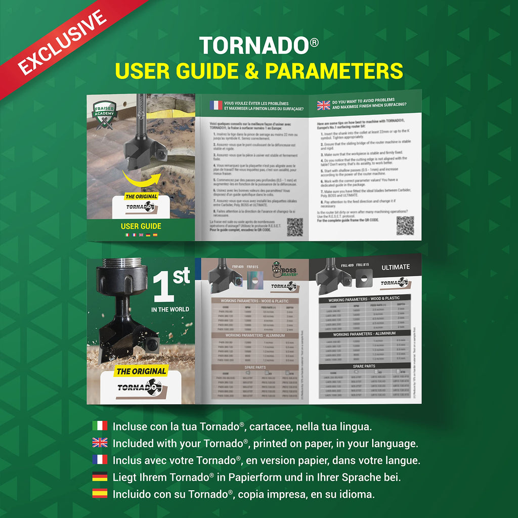 Fraiser Tornado – Planfräser Holz mit Schnittdurchmesser 35 mm und 8 mm Schaft, 3 austauschbaren HM-Wendeplatten – Flächenfräser, Kantenfräser und Nutfräser für CNC und Oberfräse