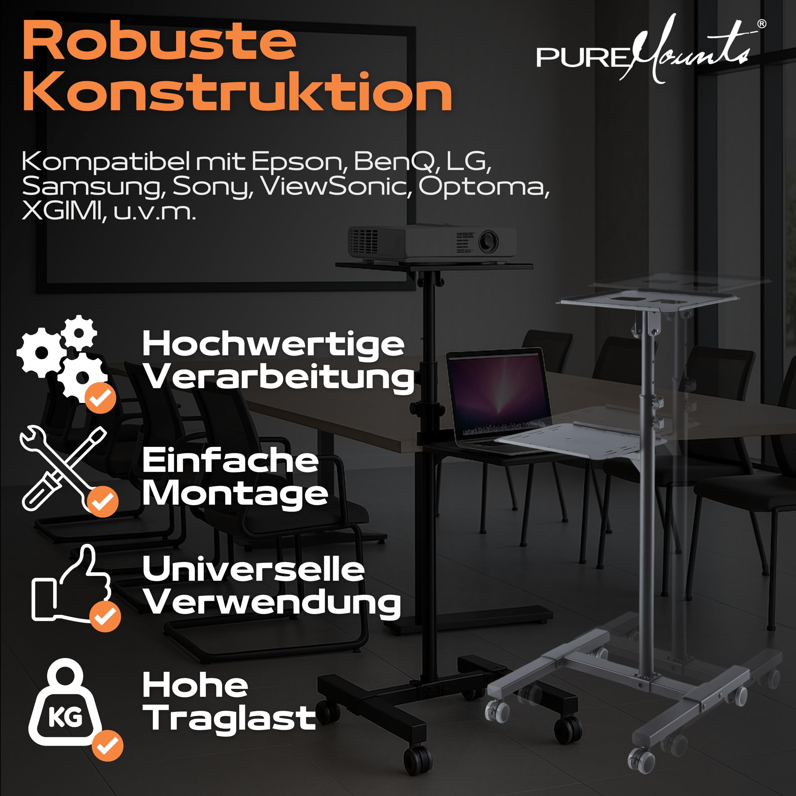 PureMounts PM-PCART-10 - Neigbarer Projektionswagen/Projektionstisch für Beamer und Projektor, flexibel einstellbar (950mm bis 1450mm), feststellbare Rollen, Tragkraft 10kg, Farbe schwarz