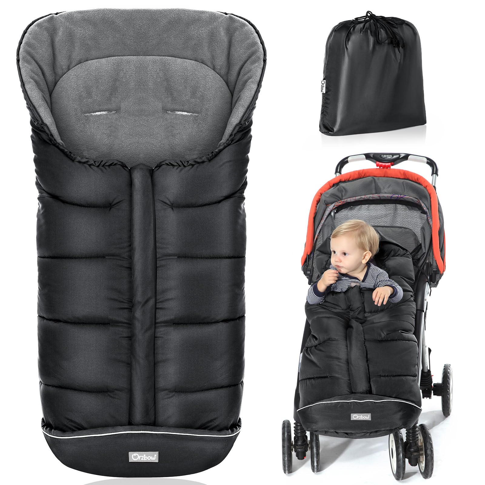 Orzbow Fußsack Kinderwagen Winter, Fußsack Buggy Fusssack Kinderwagen Baby Winter mit Wamres Polar Fleece, Reißverschluss, Reflektorstreifen, Universelle & Wasserdicht, Maschinenwaschbar, Schwarz
