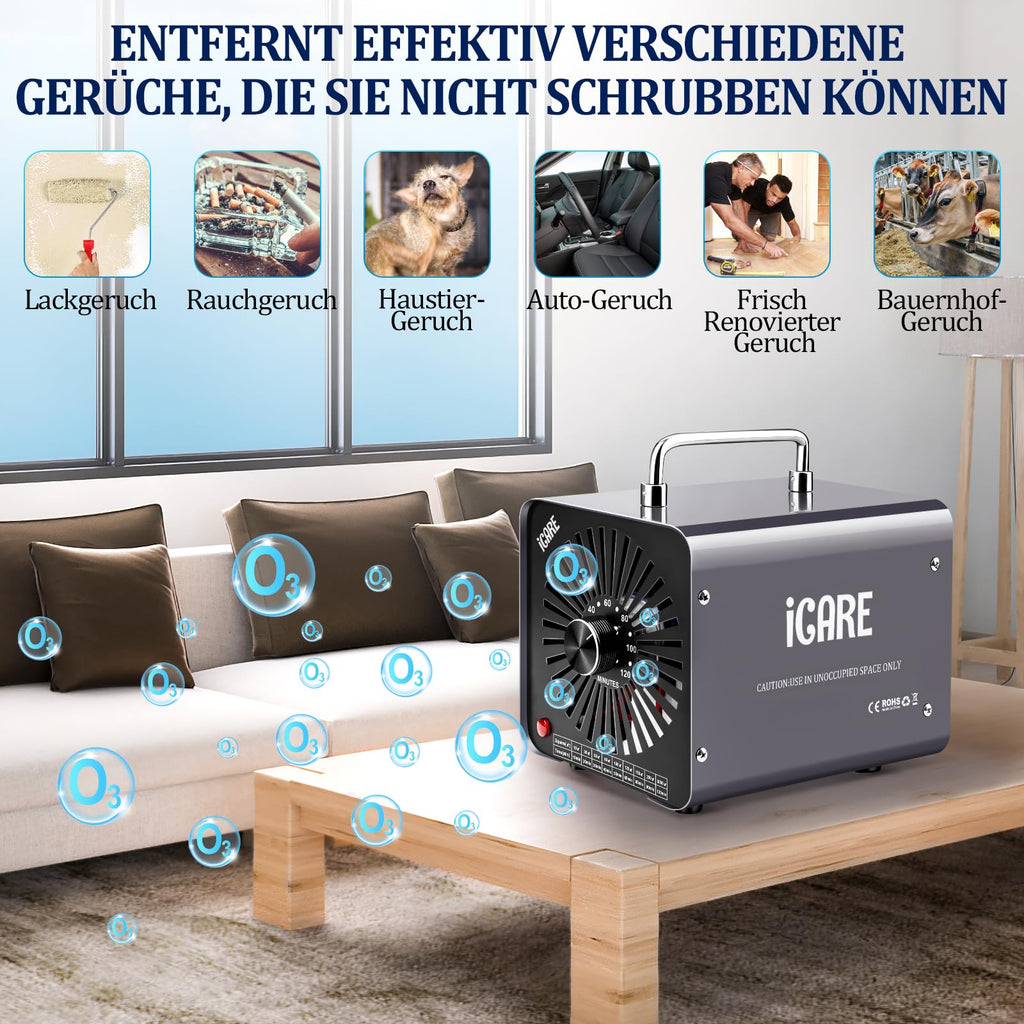 ICARE Ozongenerator 30000mg/h Ozongerät, Ozonisator Industrieller O3 Ozon Luftreiniger mit 120 Min Timer für 300㎡ Geruchskiller Geruchsneutralisierer für Auto, Rauch, Haustiergerüche, Küchengerüche