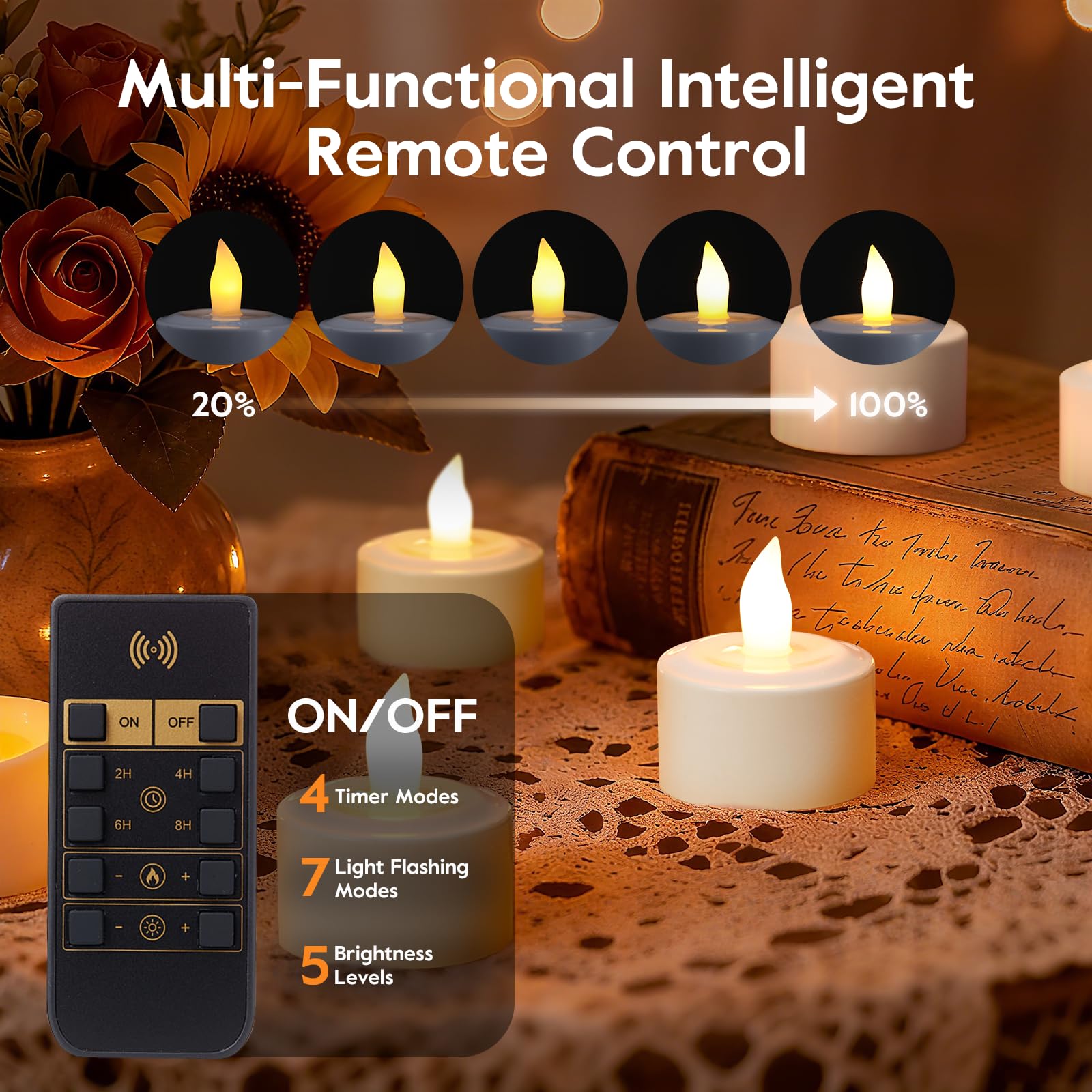EXTSUD 6 Stück LED Teelichter Kerzen mit Fernbedienung und Timerfunktion, Wiederaufladbare Led Kerzen Flackernde Flamme Elektrische Teelichter für Hochzeiten Partys Tisch Halloween Weihnachtsdeko