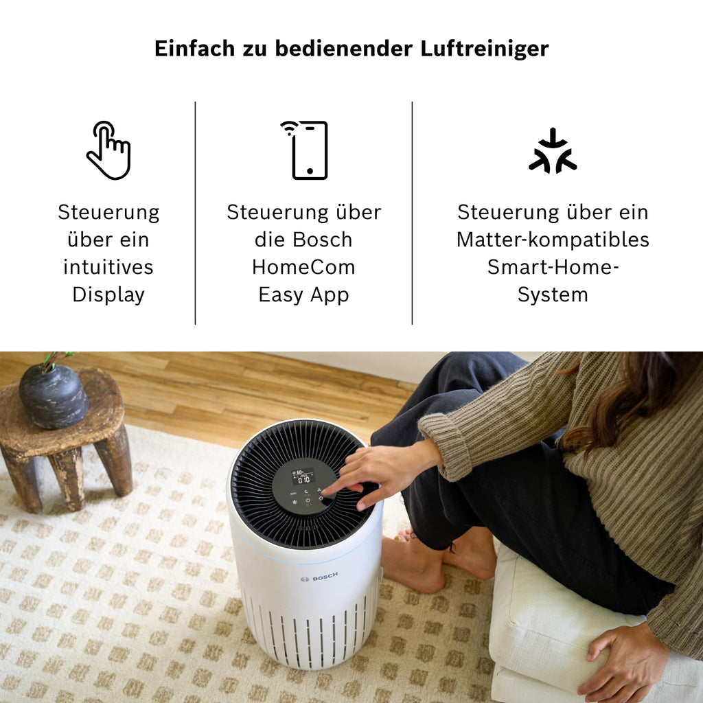 Bosch Air 4000i App-gesteuerter Luftreiniger - Für Räume bis zu 62,5 m² - Entfernt Schadstoffe - Mit 3-in-1 Luftfilter, Smart Sensor, Automatikmodus, Ruhemodus (< 25 dB(A)) - CADR: 300 m³/h