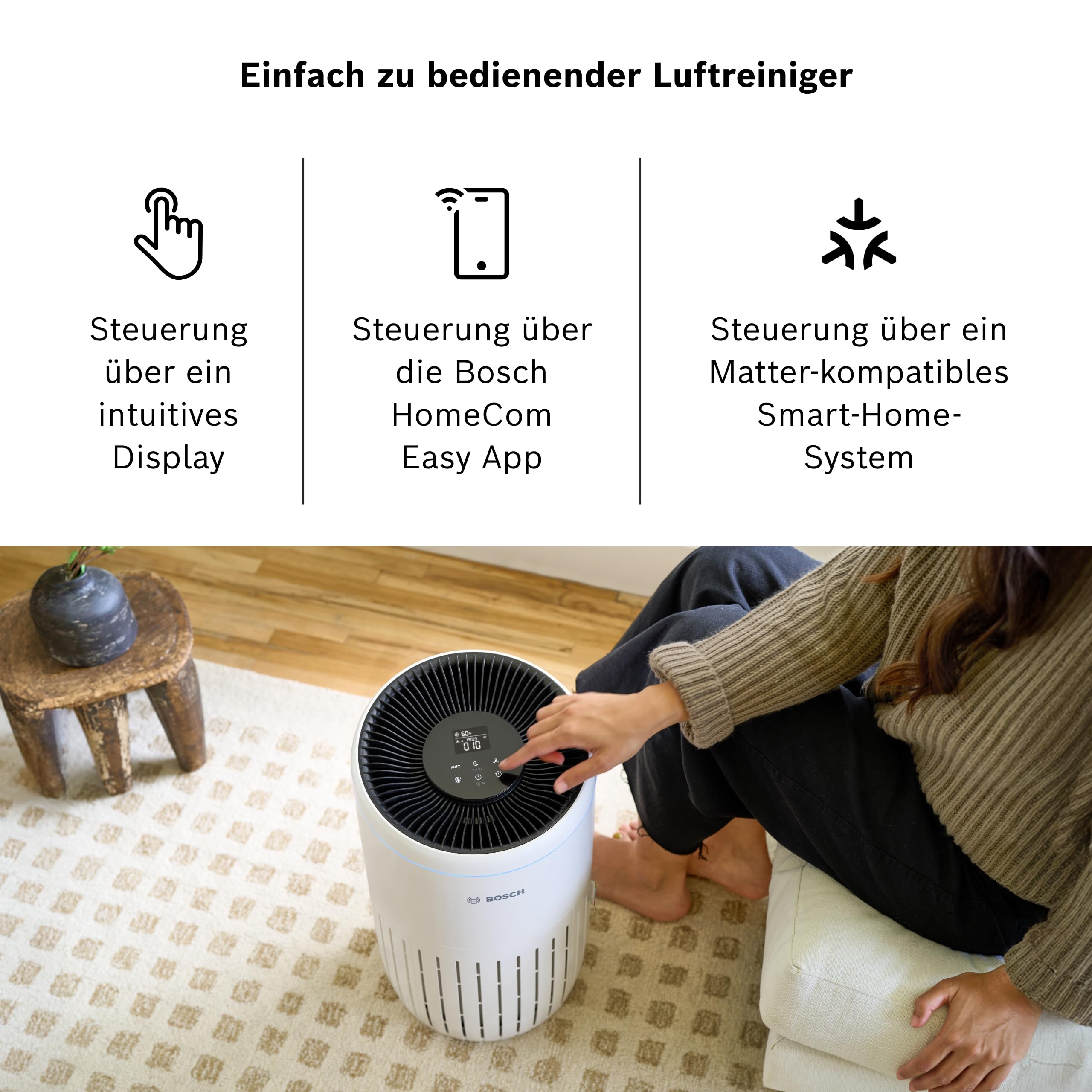 Bosch Air 4000i App-gesteuerter Luftreiniger - Für Räume bis zu 62,5 m² - Entfernt Schadstoffe - Mit 3-in-1 Luftfilter, Smart Sensor, Automatikmodus, Ruhemodus (< 25 dB(A)) - CADR: 300 m³/h