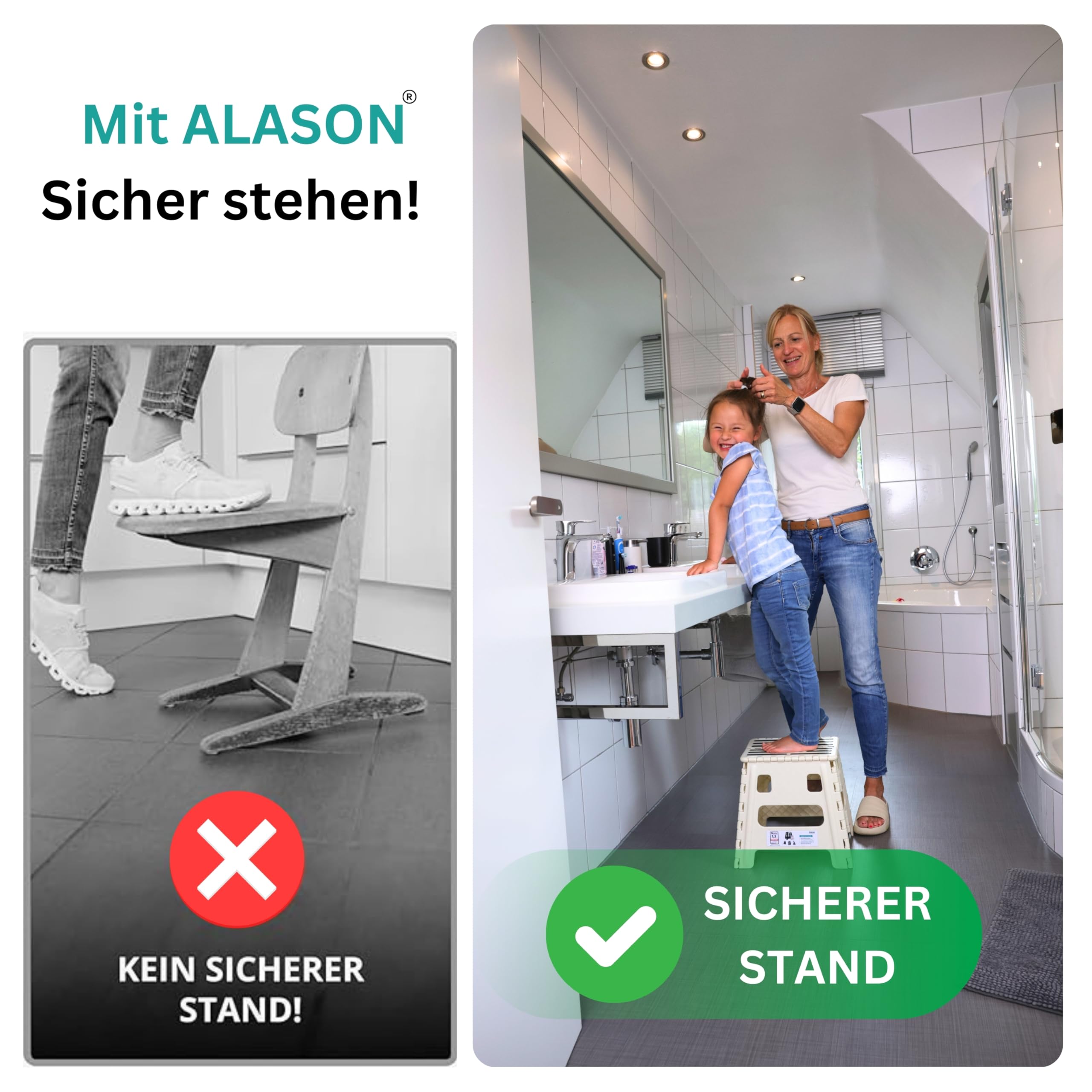 VERGLEICHSSIEGER - Alason® Tritthocker Klappbar 39 cm, Belastbar bis 200 kg – Mit Aufhängehaken & Aufbewahrungstasche – Platzsparender, Faltbarer Hocker in Weiß/Beige für Zuhause, Küche, Bad & Garage