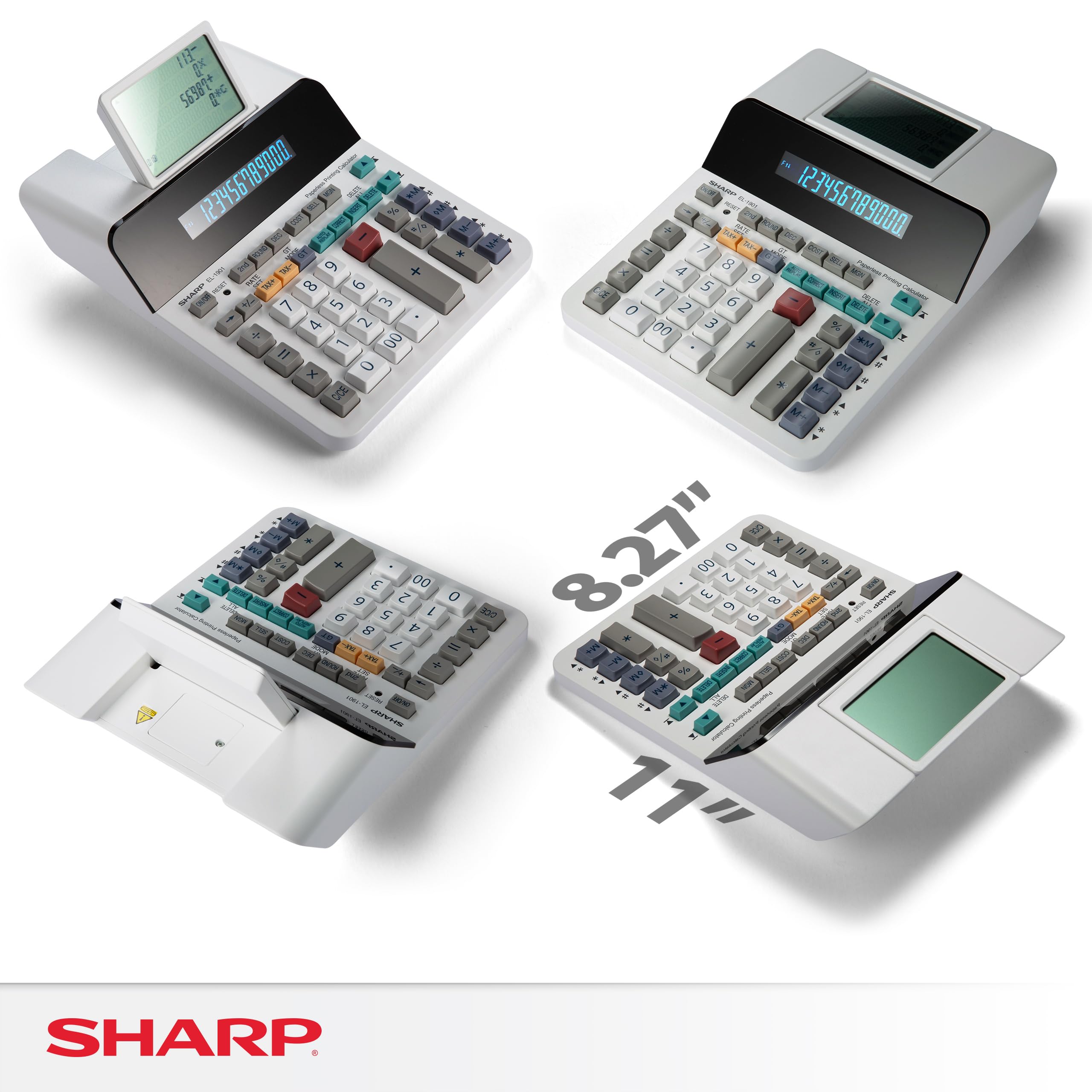 Sharp EL-1901 Anzeigender Tischrechner (Paper& Ink-Free, 12-stelliges und 5-zeiliges LCD Display) Weiß, 193 x 66 x 254 mm