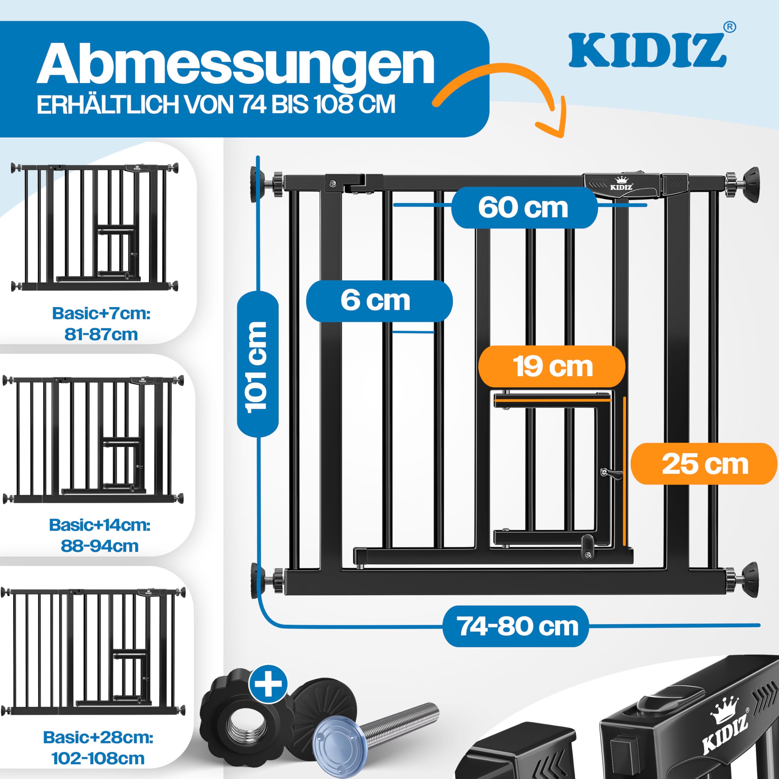 KIDIZ Absperrgitter zum Klemmen mit Katzenklappe, Türschutzgitter, Autoclose Kinder Treppengitter ohne Bohren | 90° Stopp Schutz, schwenkbar, Treppenschutzgitter, Schwarz, Breite: 74-80 cm