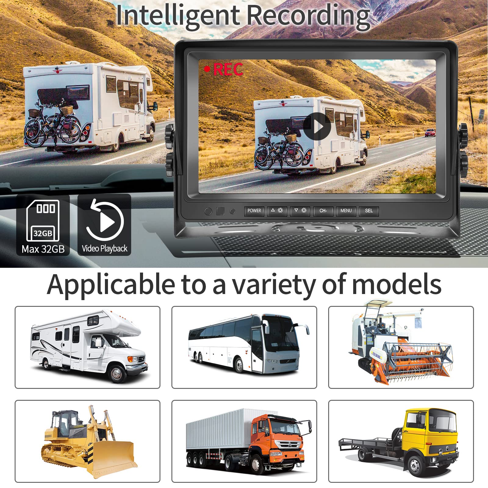 Hodozzy Dual Backup Kamera Rückfahrkamera System, Videoaufzeichnung 9 Zoll LCD Monitor DVR, IP69 Wasserdicht Vollfarb-Nachtsicht Auto Kamera mit 2*10m Kabel für LKW/Anhänger/Bus/Van/Wohnmobil 12V-35V