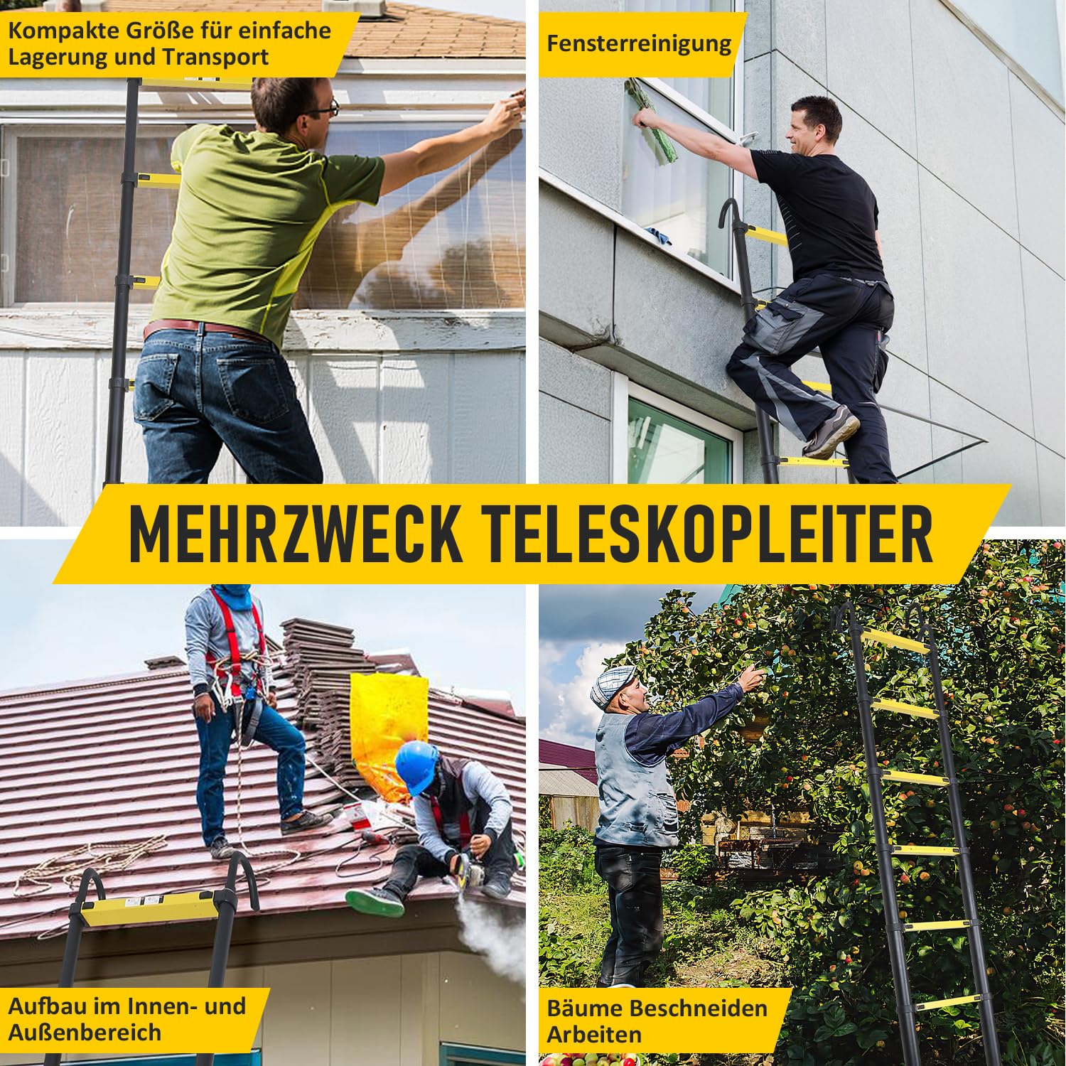 Joparri Aluminium Teleskopleiter 3.2M, Ausziehbare Leiter mit Stabilisator und Abnehmbaren Haken, Rutschfester Aluleiter Stehleiter Mehrzweckleiter, 150 kg Belastbarkeit, Schwarz Gelb