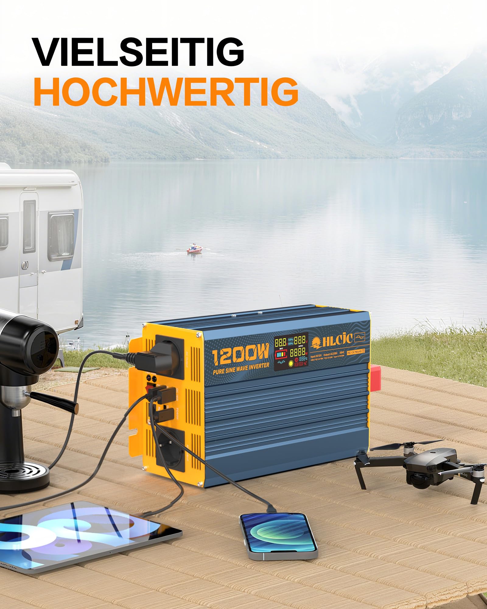 HLCJC Spannungswandler 1200W/2400W Reiner Sinus- Wechselrichter 12V auf 230V, 2X EU Steckdose, mit 1x USB-C, 3xUSB-A Schnellladung, LCD-Anzeige für Wohnmobil LKW KFZ