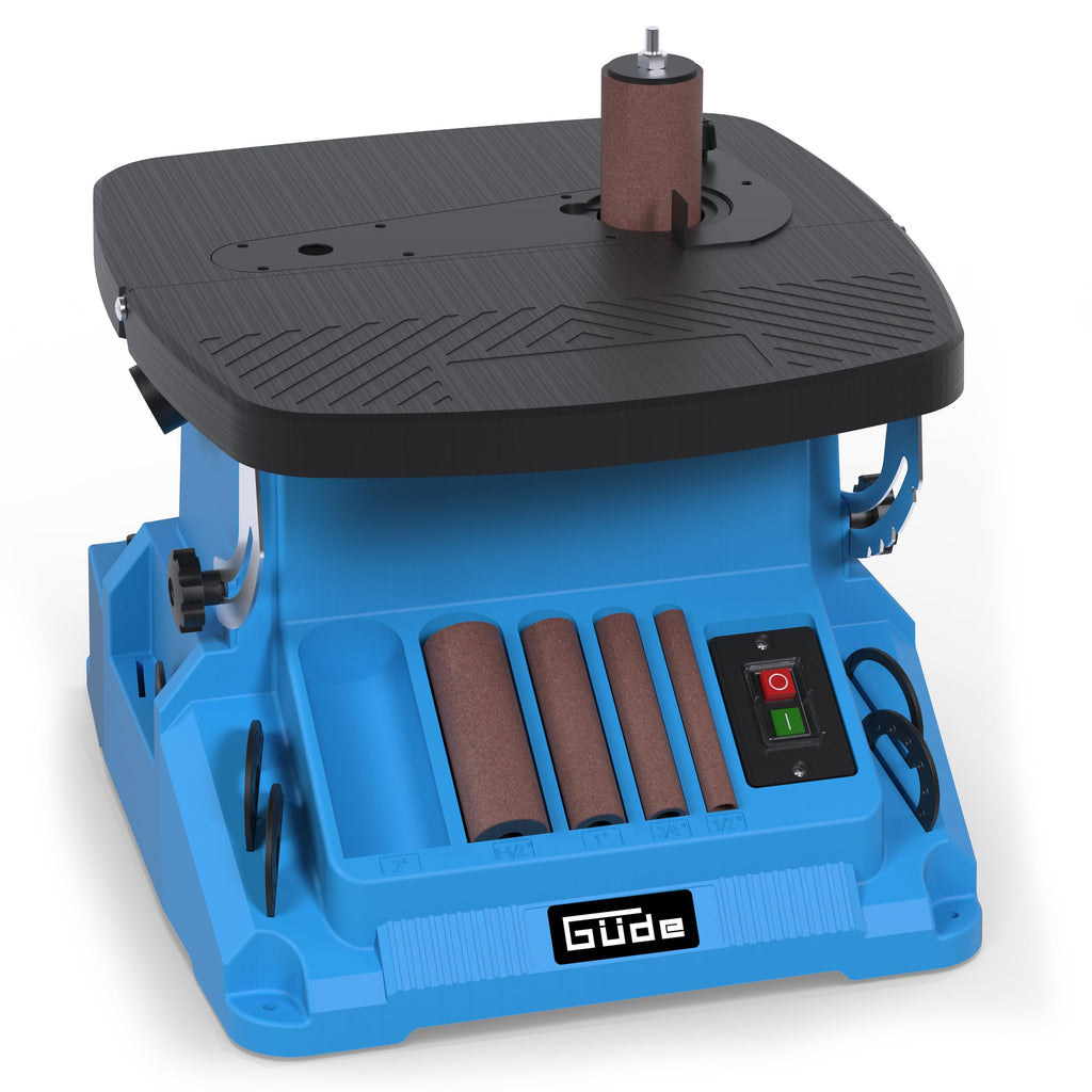 Güde Spindel-Bandschleifmaschine GSBSM 500 (230 V, 500 W, 2000 min-1 Spindeldrehzahl, 8 m/s Bandgeschw., oszillierend, 2 in 1 Gerät, werkzeuglose Umrüstung, Tisch 0-45° einstellbar, inkl. Zubehör)