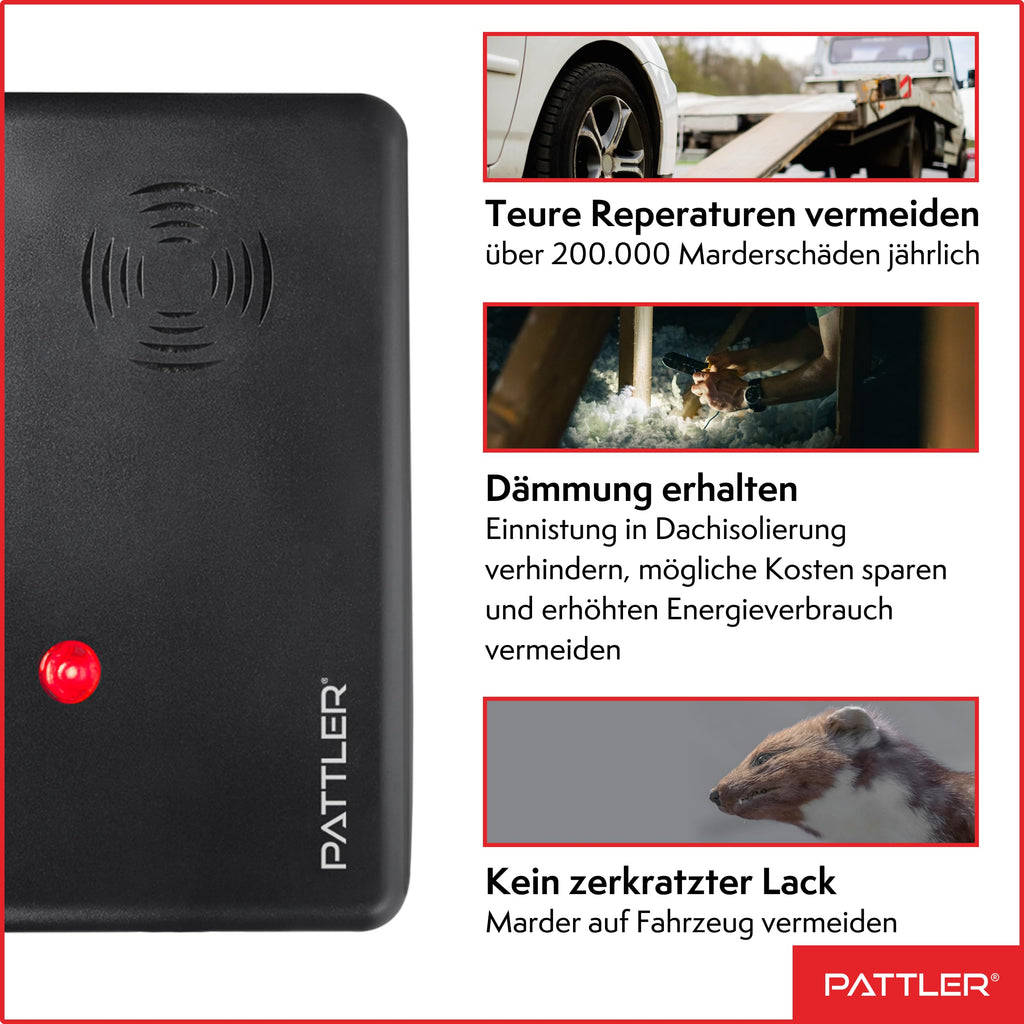 PATTLER ® Marderschreck Auto mit Stecker - für 60m². Marderschreck für Dachboden, Haus, Garten, Garage. Anschluss an Steckdose. Marderabwehr Dachboden mit Ultraschall - 1 Stück