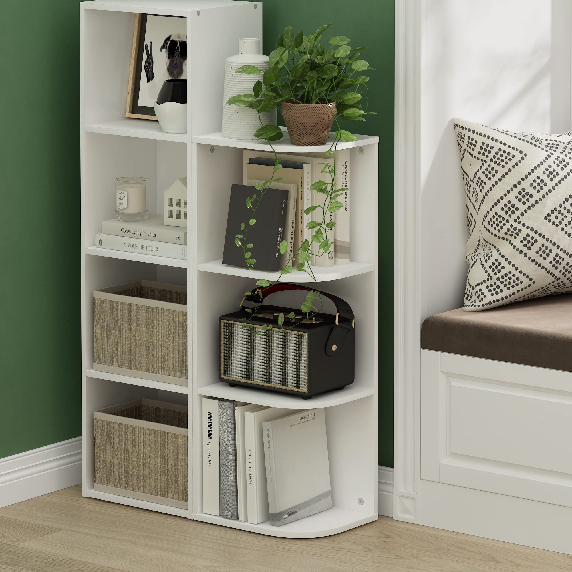 Furinno Pasir 3-stufiges Eck-Bücherregal mit offenem Regal, Weiß