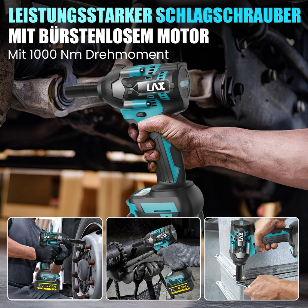 Schlagschrauber Akku 1000Nm für Makita 18V Batterie 3000RPM mit 2pcs 21V 4,0Ah Akku 1/2 Zoll Bürstenloser mit 6 Schlagbuchsen für Schraube und Mutter Auto LKW Reifen Removal