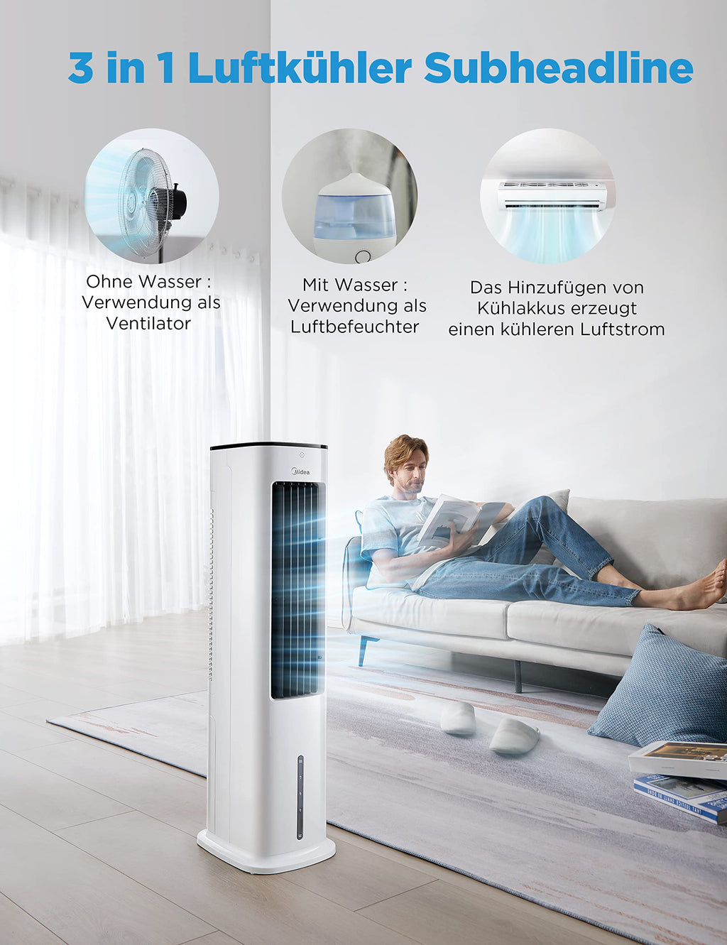 Midea Silent Air Cooler Pro 4-in-1 Mobile Klimaanlage Leiser:Luftkühler,Turmgebläse,Luftbefeuchter und Luftreiniger,mit Fernbedienung,5L Wassertank,355m³/h Luftdurchsatz,55W,LED-Display,Timer,Weiß