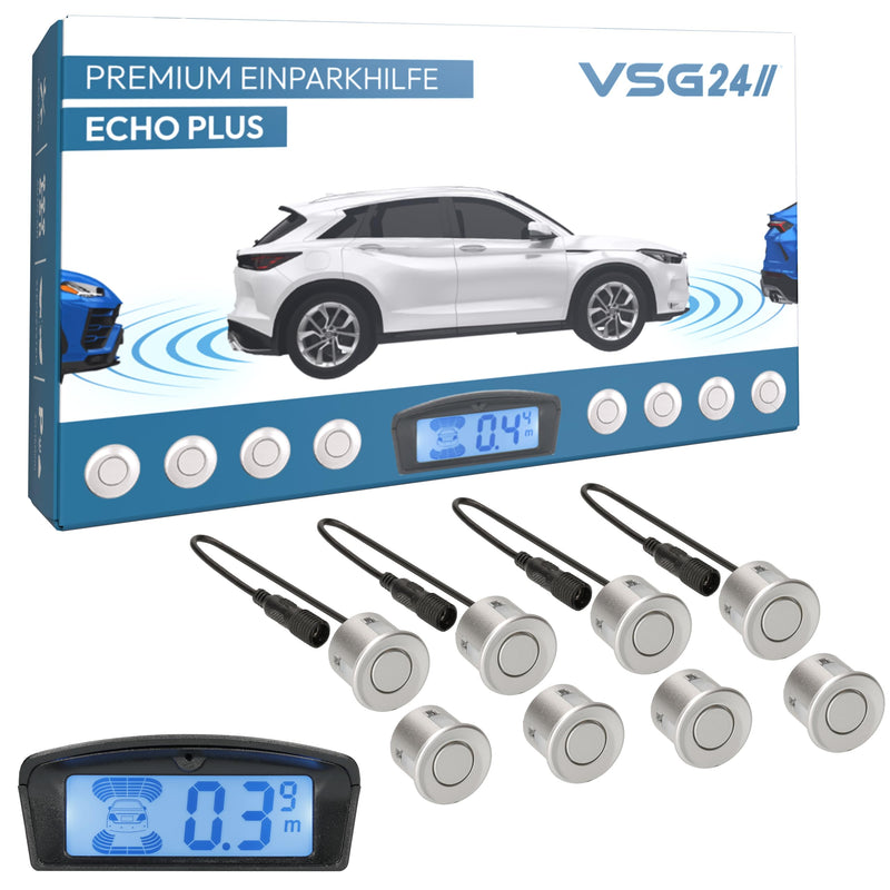 VSG24 Premium Kombi Einparkhilfe mit Display zum nachrüsten am Auto, PDC Parksensoren Vorne Hinten mit Stecksystem für einfachste Montage - 8 Rückfahrwarner Sensoren Parkhilfe Nachrüstsatz