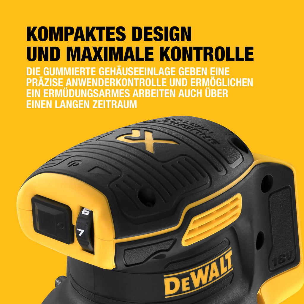 DEWALT 18 Volt Akku-Exzenterschleifer (Schleifpapier-ø: 125 mm, elektronische Drehzahlregulierung, Staubschutz für Getriebe und Schalter, mit Klettfix-System, ohne Akku und Ladegerät), DCW210N