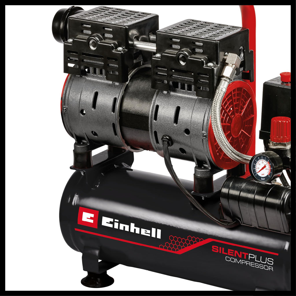 Einhell Kompressor TE-AC 110/6 Silent Plus (550 W., max. 8 bar, 6 l-Tank, 110 l/min Ansaugleistung, Motordrehzahl 1450 min^-1, Manometer, Schnellkupplung, ölfrei)