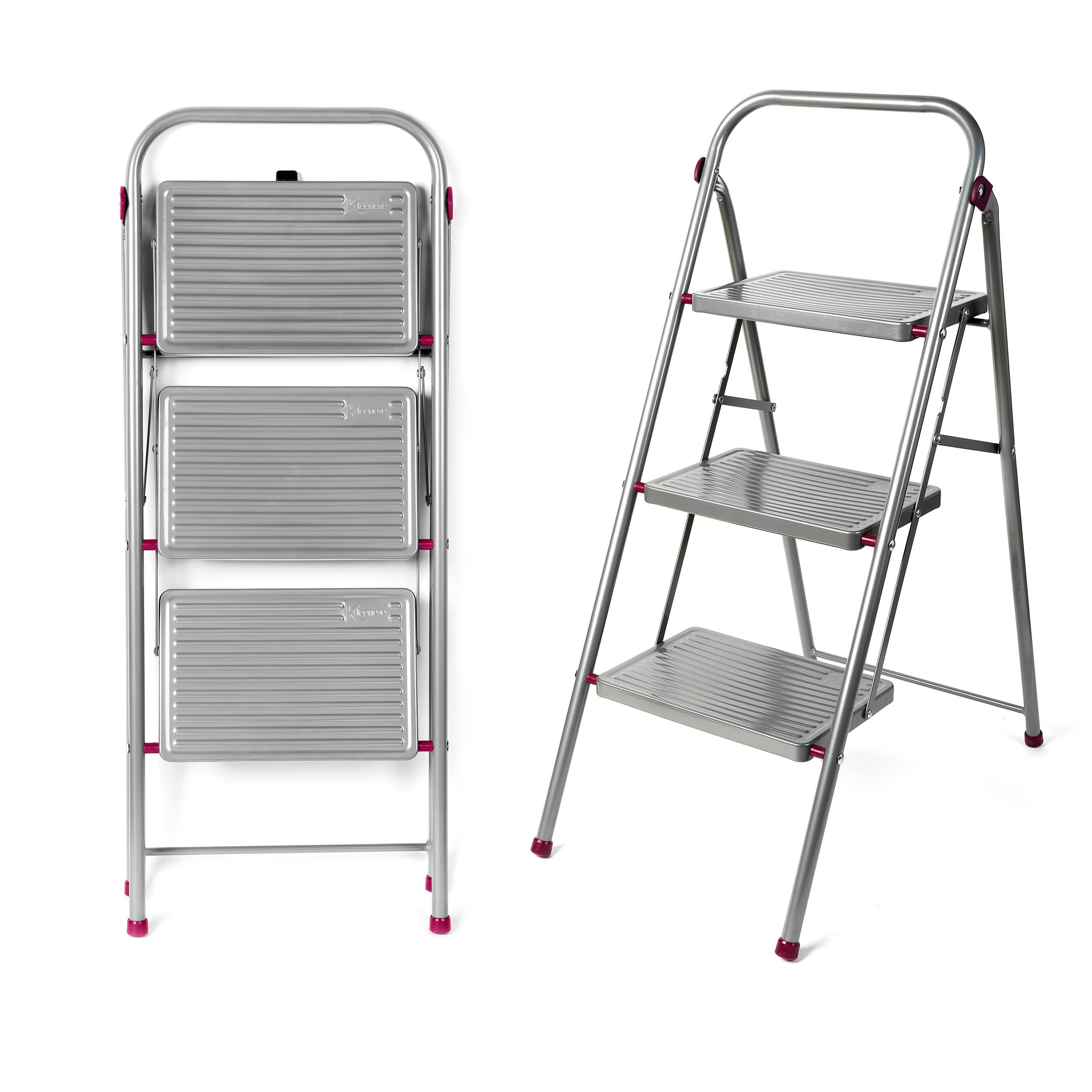 Kleeneze zusammenklappbare 3-stufige Trittleiter, leichte Klappleiter für Heimwerker, sicheres Arbeiten, rutschfeste Trittstufen, robuster Stahl, Sicherheitsclip, 105 cm, rosa/grau, Tragkraft 150 kg