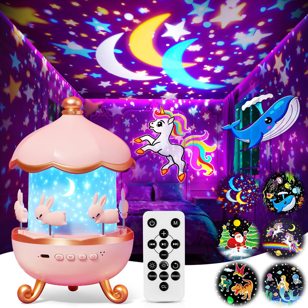 One Fire Sternenhimmel Projektor Kinder – mit 15 Filmen & 15 Musikstücken, 360° drehbar, Einhorn Spielzeug für Mädchen 3-14 Jahre, Nachtlicht gegen Weinen, Lern-Projektor mit Timer & 1200mAh Akku