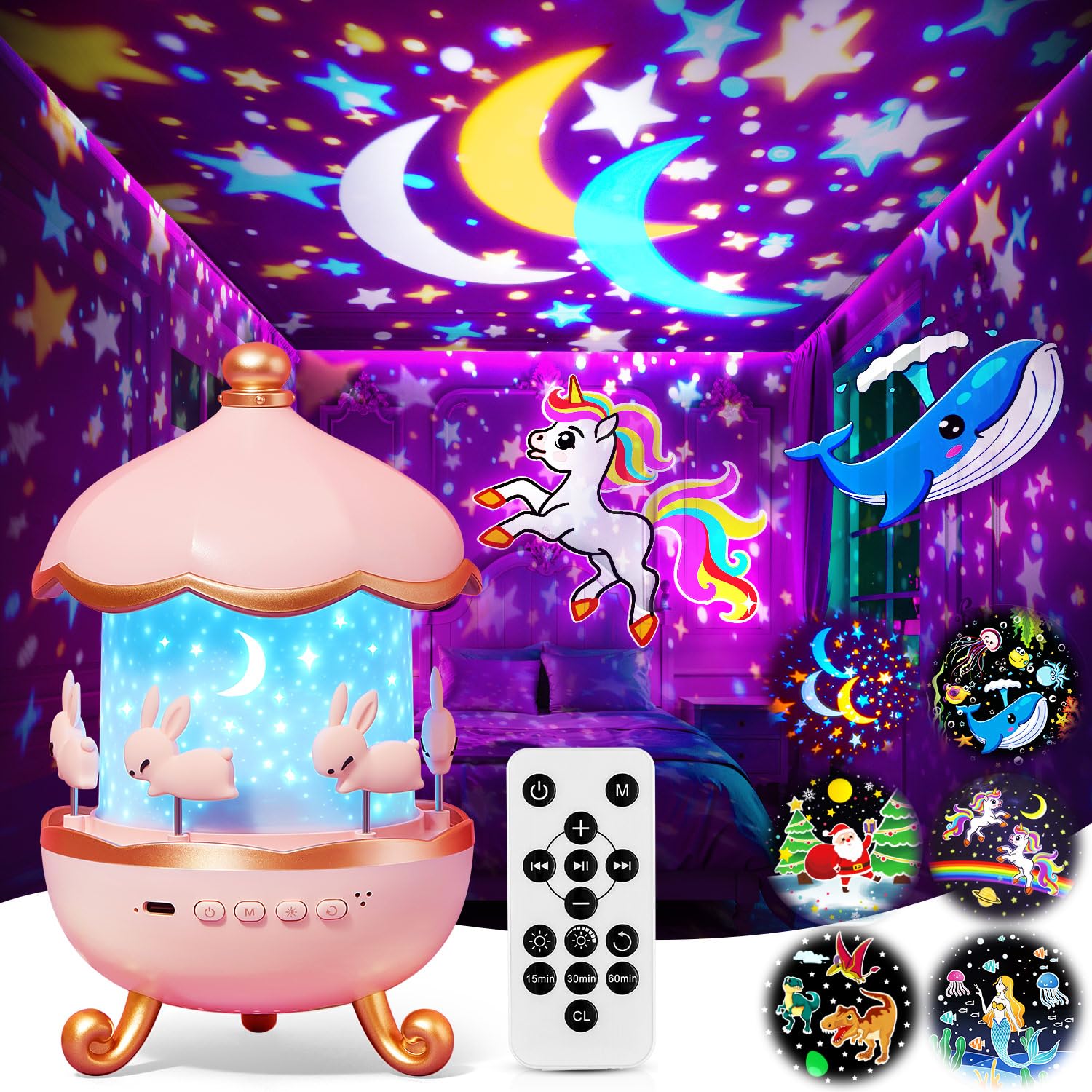One Fire Sternenhimmel Projektor Kinder – mit 15 Filmen & 15 Musikstücken, 360° drehbar, Einhorn Spielzeug für Mädchen 3-14 Jahre, Nachtlicht gegen Weinen, Lern-Projektor mit Timer & 1200mAh Akku
